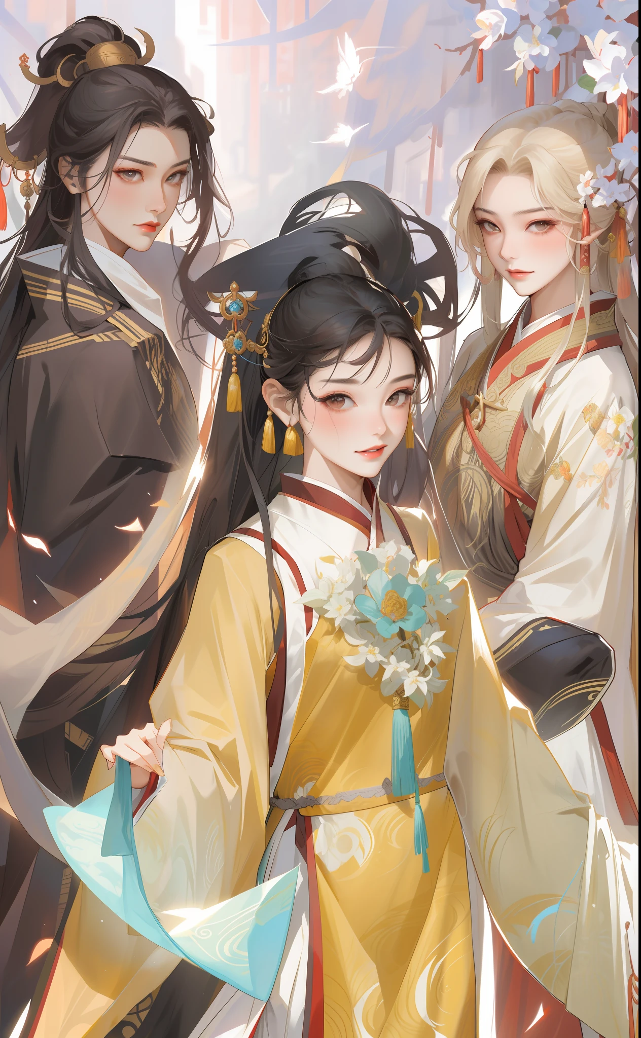 NSFW,tmasterpiece,Need,super-fine,Semi-realistic,2male,Mature male，1womanl,A MILF，Two Asian men dressed in traditional clothes stood behind them，Asian woman in traditional dress, A woman in Hanfu, Two men in Chinese clothing，Meticulous facial features,long whitr hair,Wearing exquisite fairy costumes,Since ancient times, full-body wuxia, Chinese fantasy, xianxia fantasy, Palace