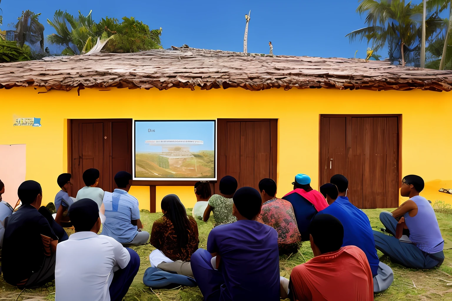 Uma cena edificante em "Rescuing Hope: Motivation to Overcome Challenges and Transform Life". An elderly man is teaching a group of young people in a makeshift classroom in a remote village. The atmosphere is full of focus and determination, com os olhares atentos dos alunos absorvendo cada palavra do homem. The walls have colorful and inspiring designs that symbolize knowledge and aspiration. digital illustation, Detailed art style, --v6