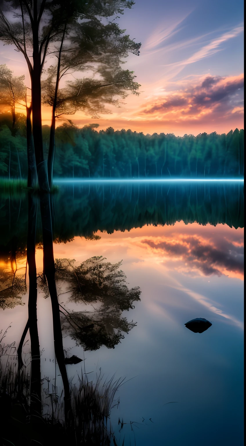 Wallpaper, summer, lake, dawn, forest, clouds, dawn background, depth of field, HD detail, hyperdetail, cinematic, soft light, deep field focus bokeh, ray tracing, diffuse (ultra-fine glass reflection) and realism. --v6