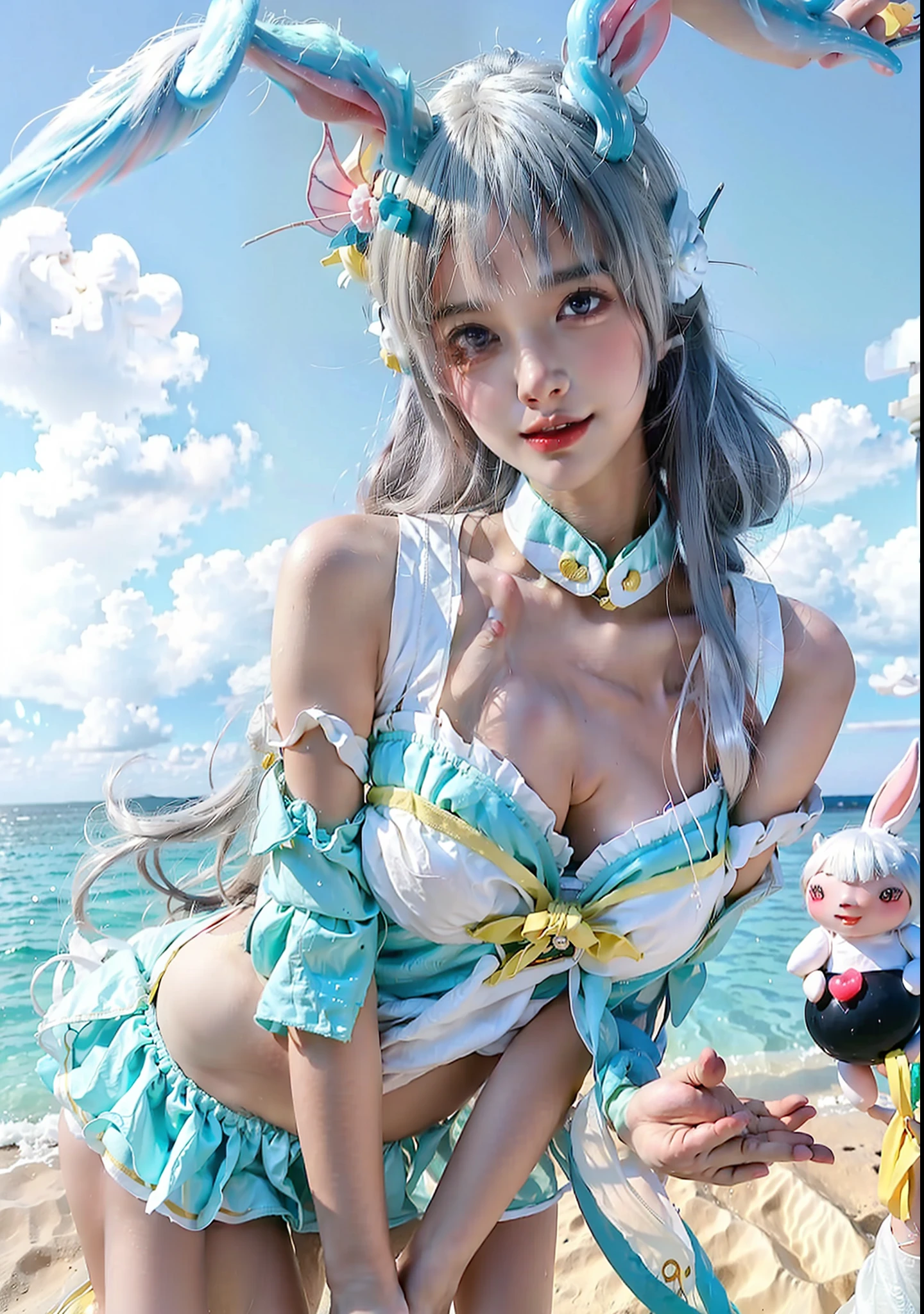 araffe dressed in bunny ears and a yellow bikini on the beach, anime girl cosplay, ultrarealistic sweet bunny girl, artwork in the style of guweiz, sakimichan, guweiz, yanjun chengt, trending on cgstation, anime cosplay, ig model | artgerm, trending at cgstation, swimsuit