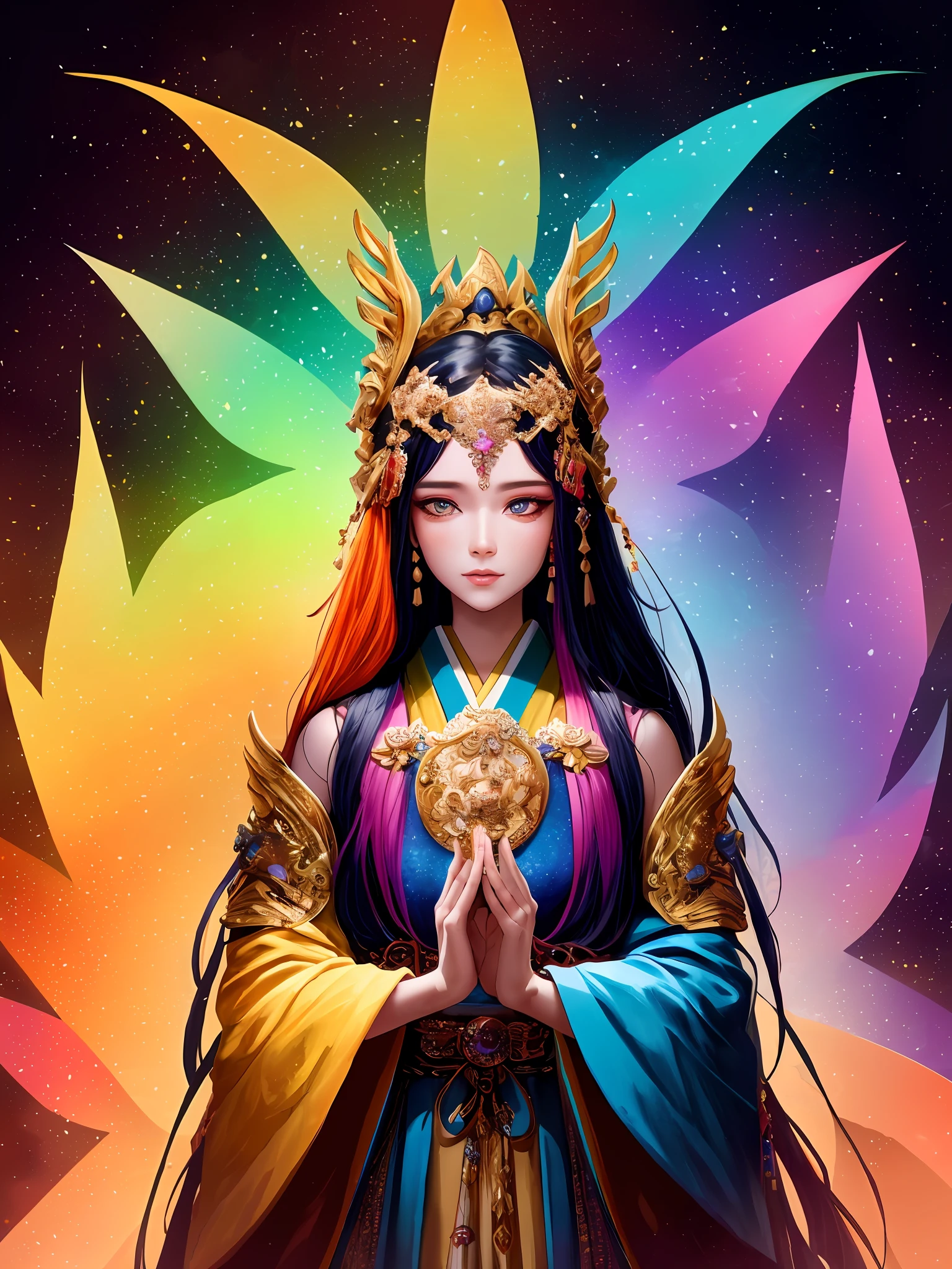araffes with colorful hair and a dress in front of a rainbow background, psychedelic goddess, colorfull digital fantasy art, 8k high quality detailed art, super colorful, goddess. extremely high detail, goddess of galaxies, karol bak uhd, extremely detailed goddess shot, vibrant fantasy style, deviantart artstation cgscosiety, japanese goddess