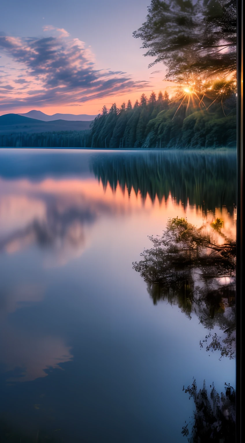 Wallpaper, summer, lake, dawn, forest, clouds, dawn background, depth of field, HD detail, hyperdetail, cinematic, soft light, deep field focus bokeh, ray tracing, diffuse (ultra-fine glass reflection) and realism. --v6