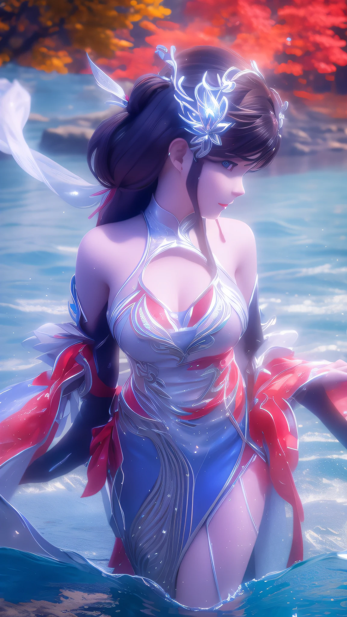 Arapei in a blue and white dress stood in the water, Anime girl walking on water, closeup fantasy with water magic, azur lane style, trending on cgstation, Anime girl cosplay, seraphine ahri kda, Splash art anime Loli, trending at cgstation, realistic water, water fairy, WLOP and Sakimichan