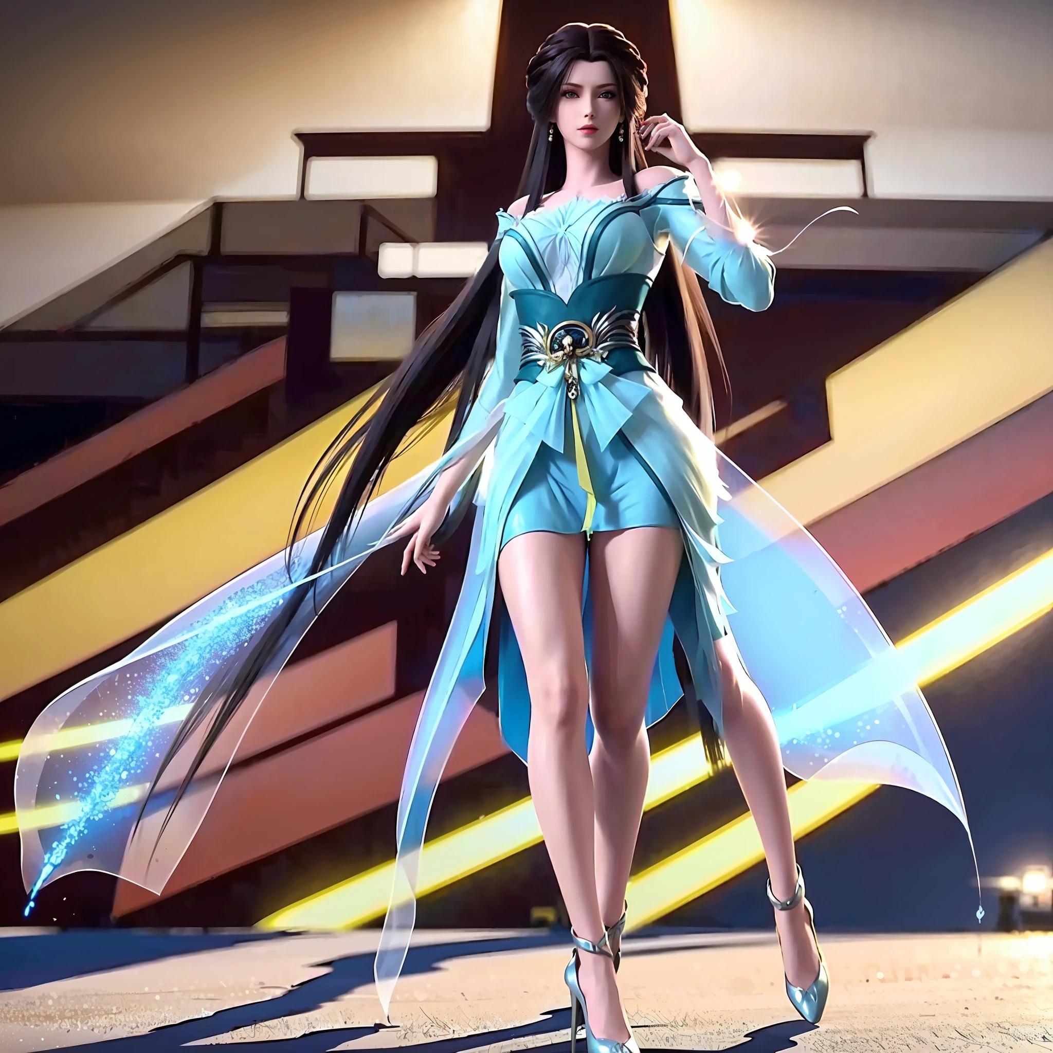tmasterpiece,Need,A girl,brunette color hair,long whitr hair,red dress,high-heels,dynamic angle,The distance is moderate,inside in room,Spacious and bright,Natural soft light,Backlight,cyber punk perssonage,The most detailed details,Highest high resolution,Very realistic,Three-dimensional feeling