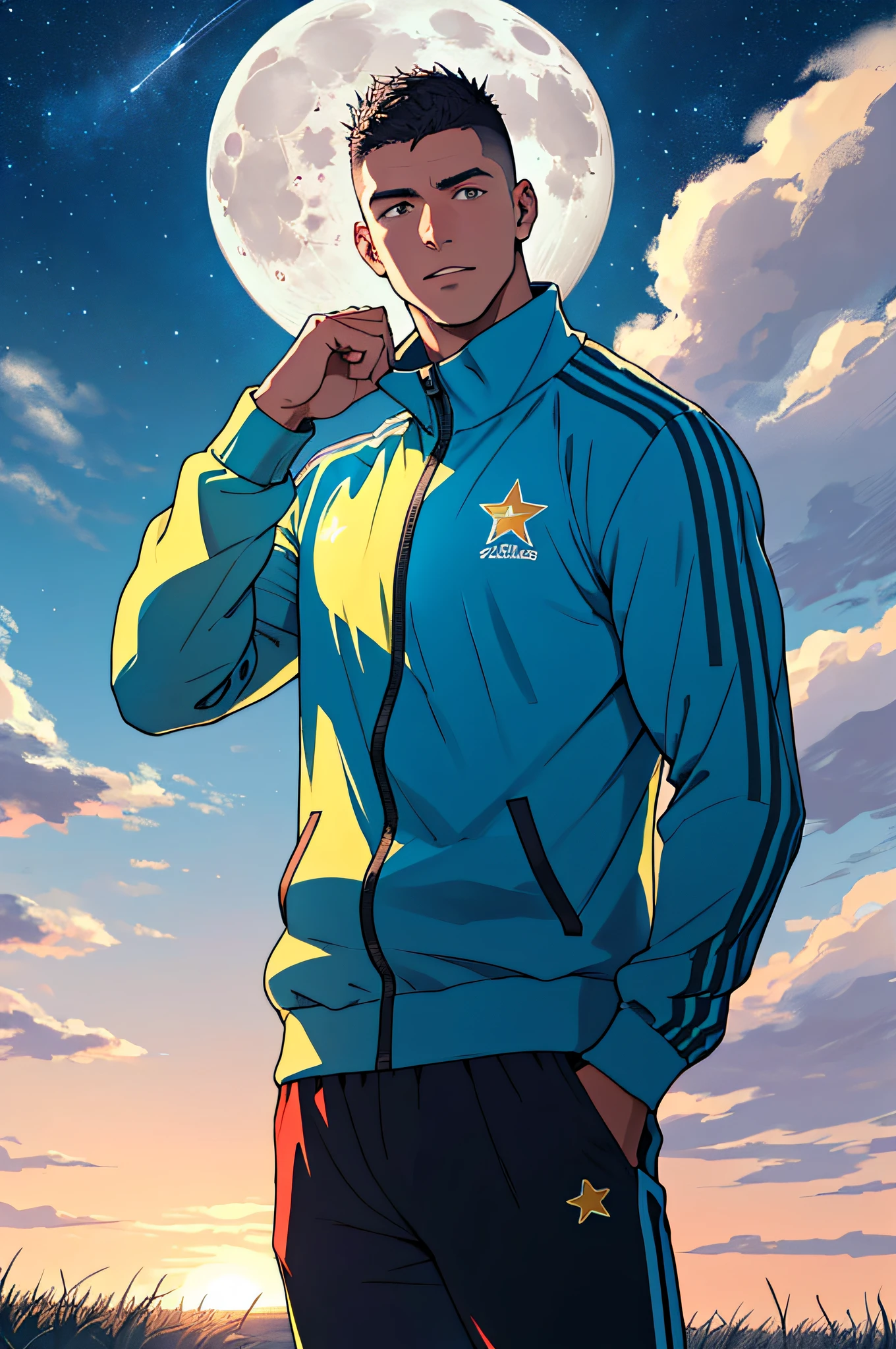 Draw a full-fledged footballer，Standing on the steppe at night，He was wearing a tracksuit，The man looks confident and determined，looking-down，Crew cut，full bodyesbian，Stars dot the sky，shooting from below，Big moon highlights background