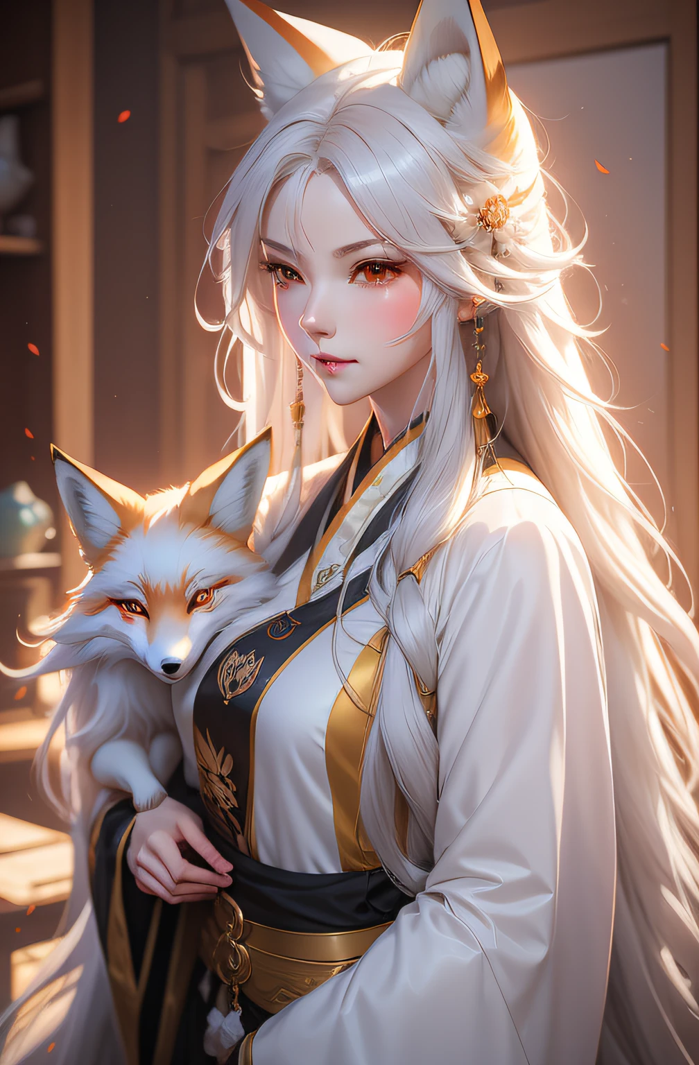 anime girl with long hair and a fox, a beautiful fox lady, white - haired fox, beautiful character painting, by Yang J, beautiful anime portrait, girl with fox ears, a beautiful kitsune woman, by Ni Tian, artwork in the style of guweiz, guweiz, by Ren Renfa, kitsune, soft anime illustration