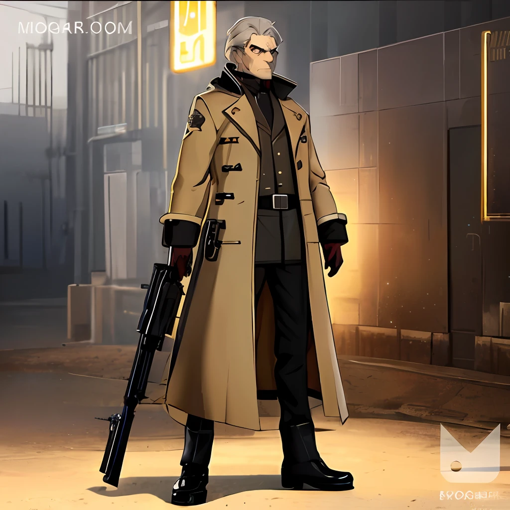 full body character,Gunsmith Making Guns, Wearing a beige coat,Ultra-high-quality 2D animation,A pioneer in the development of modern guns,Bright lighting, Concept art,sniper,Beautiful face,Beautiful eyes,Shooter, Cool middle-aged man,Insanely detailed,Blur machine gun,Dramatic Lighting,Smooth,masutepiece,