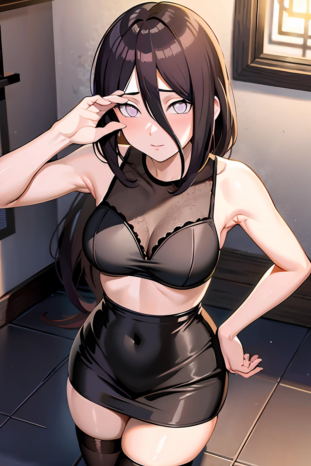 tmasterpiece, hoang lap , (Complicated details), (rich colourful), 电影灯光, the Extremely Detailed CG Unity 8K Wallpapers , Hinata flower proportions, 1girll, 独奏,(In the toilet,Lie on the ground,Purple wearing sexy sweater,Long black stockings,is shy,Bigboobs, Low hair tied long),perspire,
