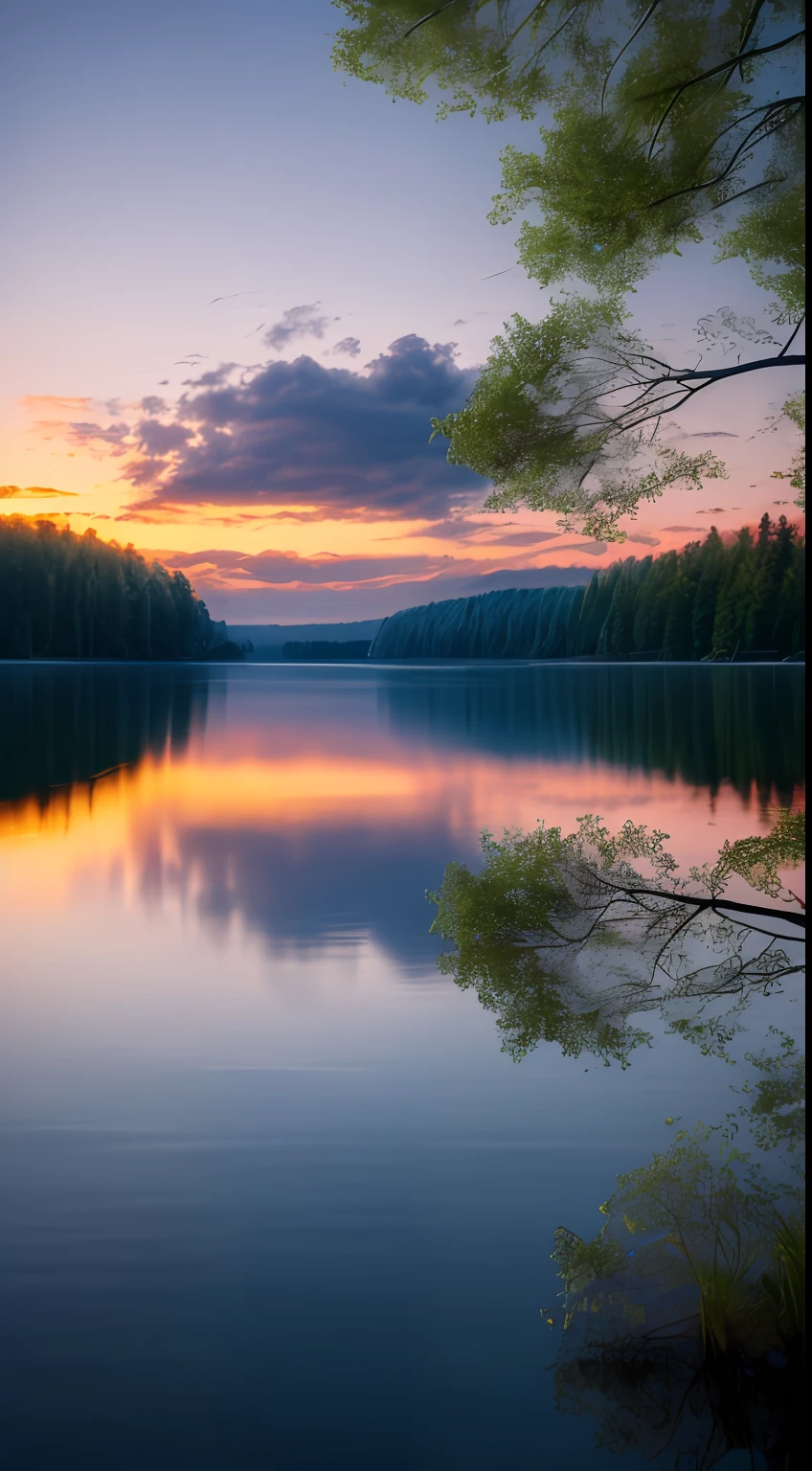Wallpaper, summer, lake, dawn, forest, clouds, dawn background, depth of field, HD detail, hyperdetail, cinematic, soft light, deep field focus bokeh, ray tracing, diffuse (ultra-fine glass reflection) and realism. --v6