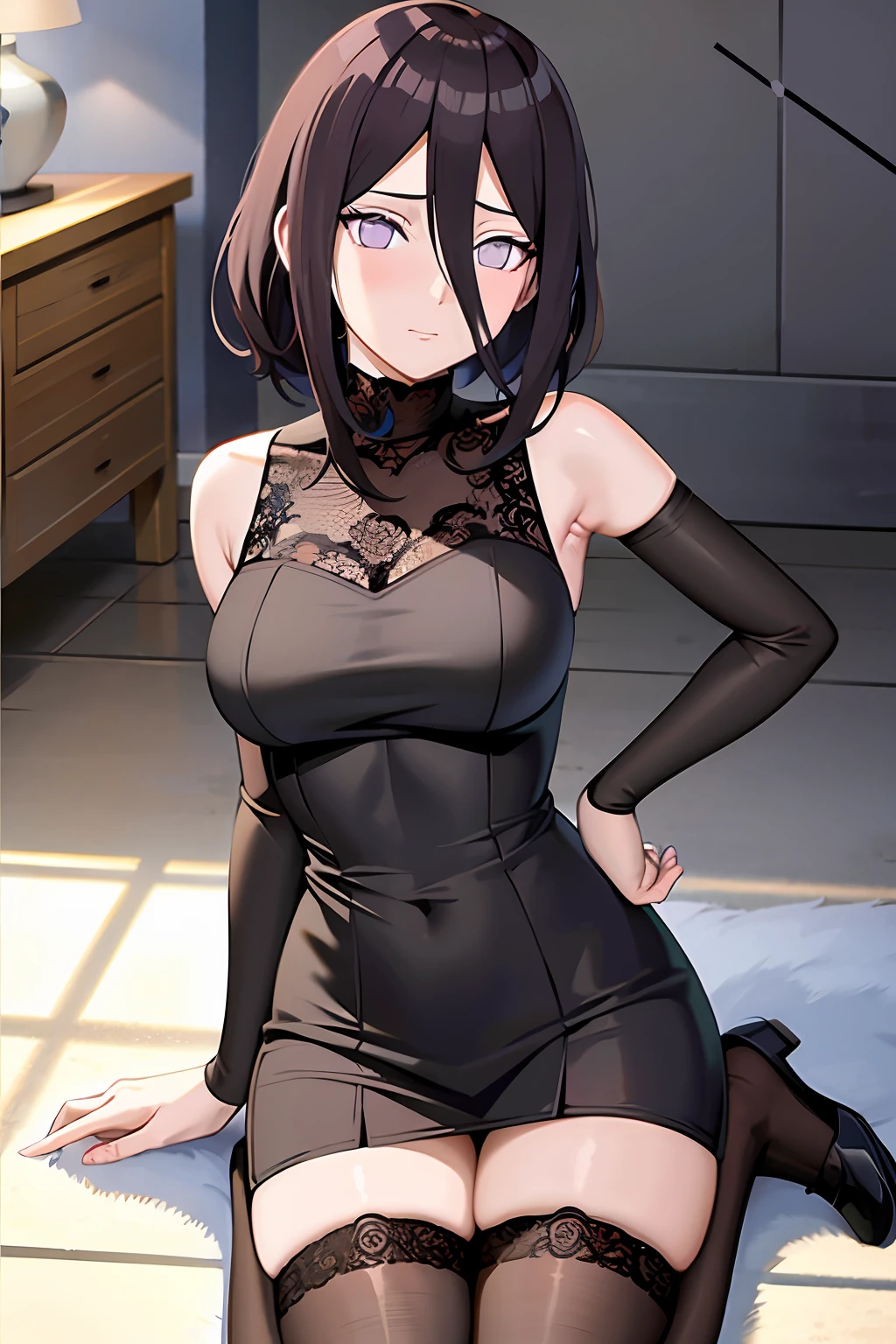 tmasterpiece, hoang lap , (Complicated details), (rich colourful), 电影灯光, the Extremely Detailed CG Unity 8K Wallpapers , Hinata flower proportions, 1girll, 独奏,(In the toilet,Lie on the ground,Purple wearing sexy sweater,Long black stockings,is shy,Bigboobs, Low hair tied long),perspire,
