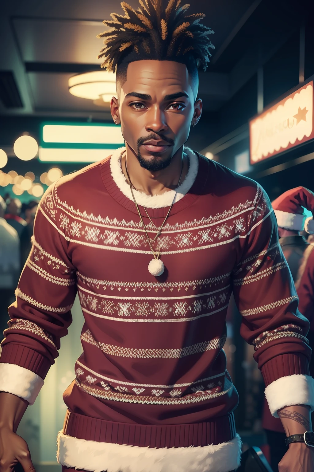 mature adult Christmas ugly sweater party at a nightclub urban setting African American cartoon