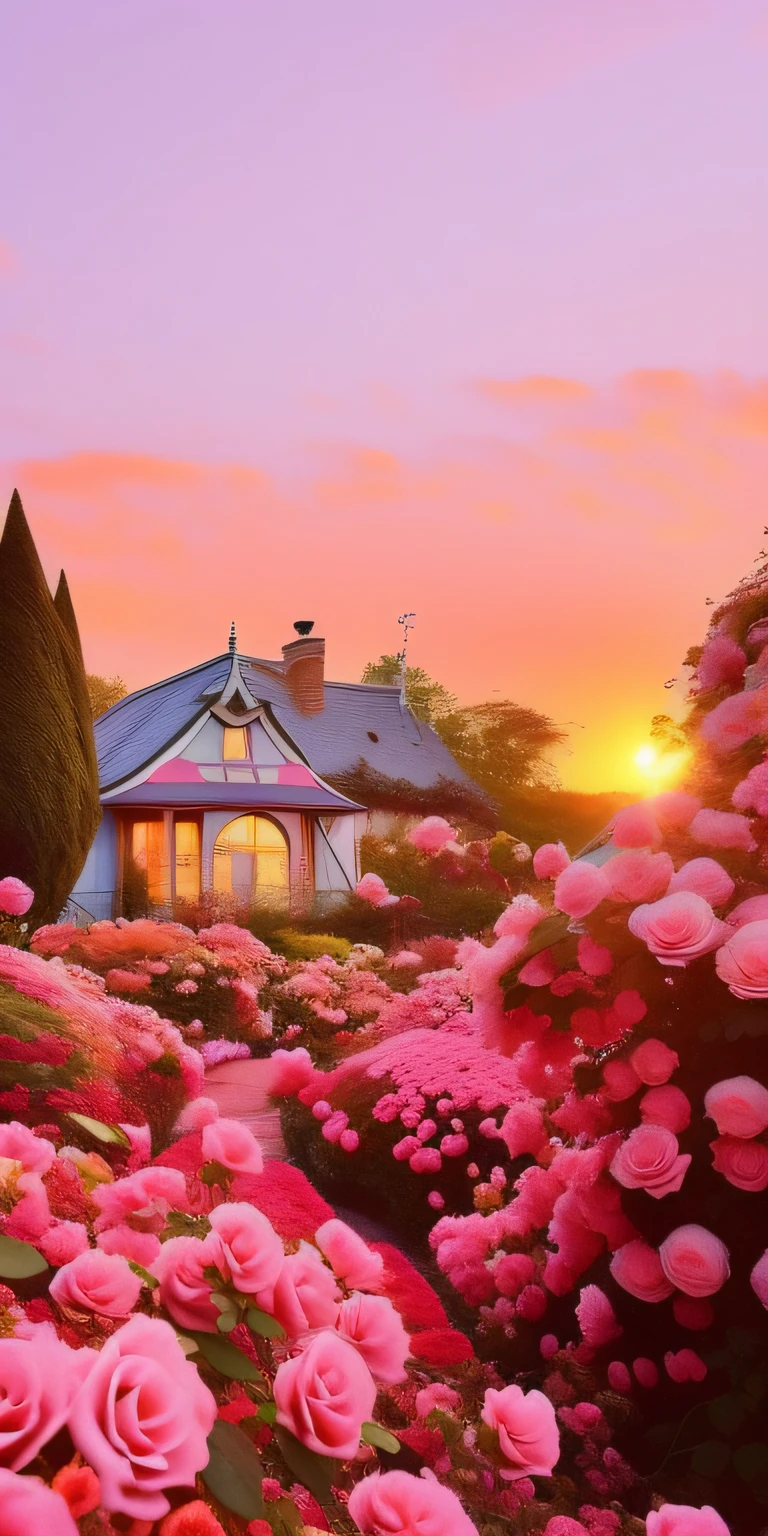 Pink roses in the garden,The background is the house, beatiful house, Beautiful and aesthetic, cottagecore!!, beatiful background, Beautiful wallpaper, pink golden hour, cottagecore flower garden, cottagecore, very beautiful photograph of, amazing wallpapers, fundo de casa, beautiful aesthetic, in a cottagecore flower garden, very magical and dreamy