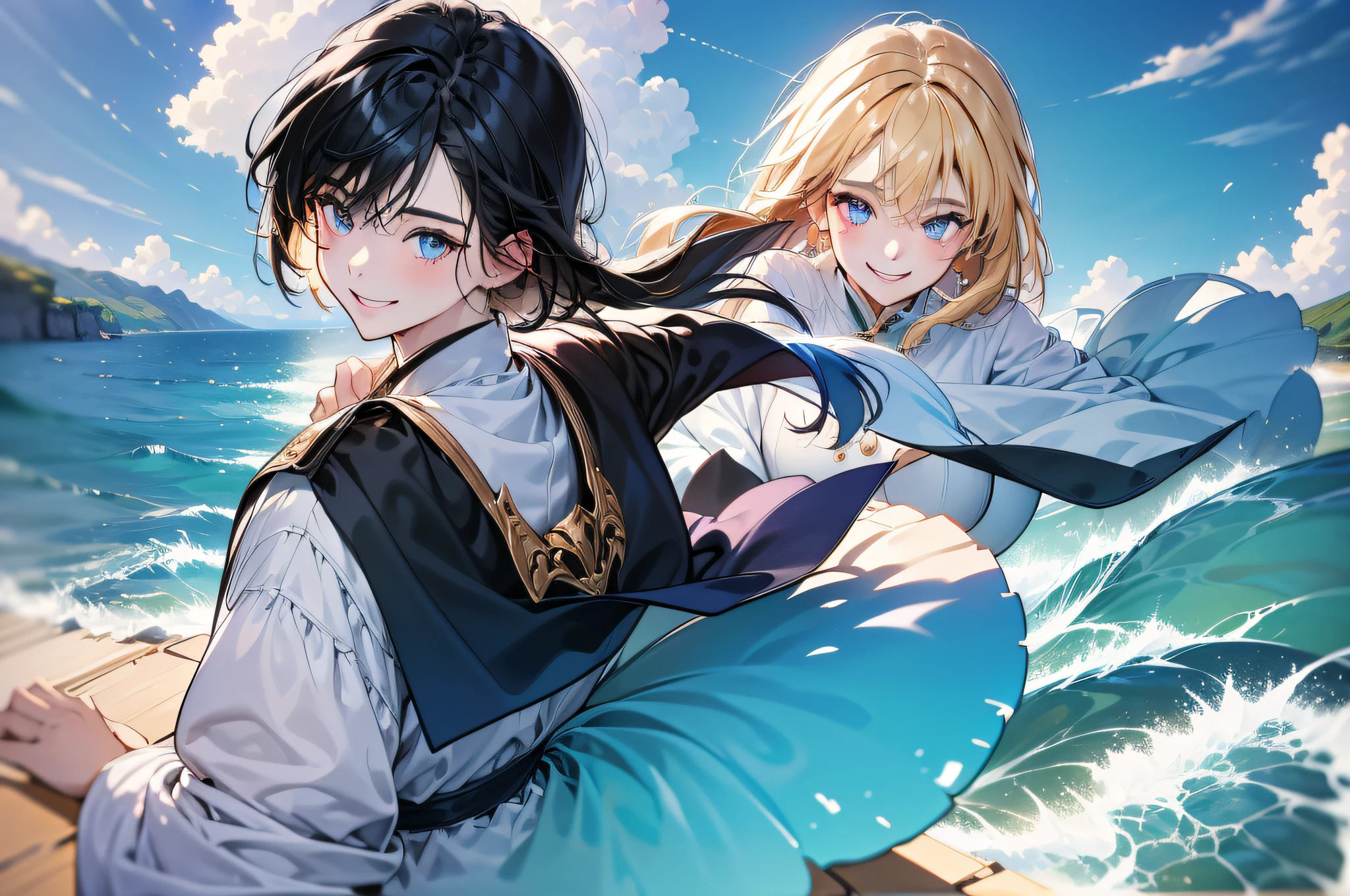 in 8K、top-quality、masterpiece:1.2)、1人の女性、(Smiling smile:1.1)、beautidful eyes、Valley、The upper part of the body、length hair、Like a boy、poneyTail、Blue View、