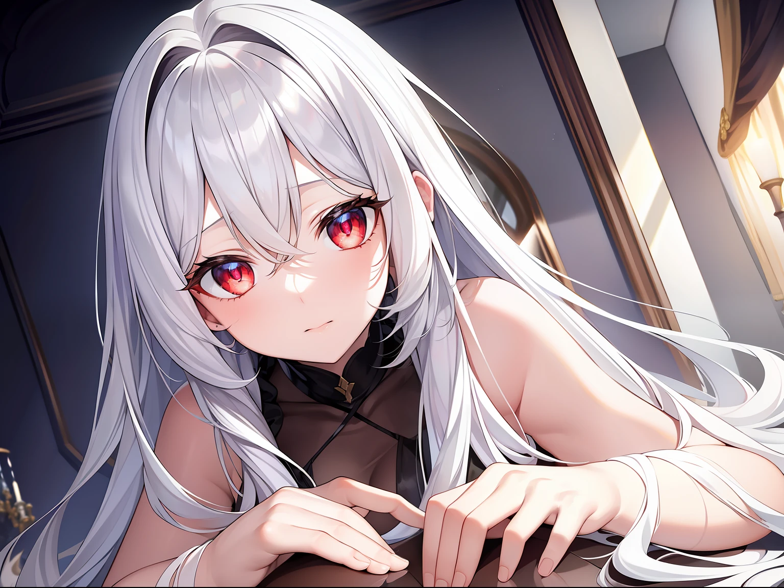 ((Masterpiece, Best quality))++, Detailed light+,  Detail hair+, detail hand+ ,1girll, woman, Long hair,   dark red eye,  Beautiful eyes, Young gray hair,,(Beautiful white hair:1.5),(Beautiful detailed eyes), ,    high resolution+,   Masterpiece,  , Glass tones, Reflective eyes,  {{Angle}} , extremelydetailedwallpaper, Original,full bodyesbian,Bedrooms,upper legs, Beth,starrysky,Issuing