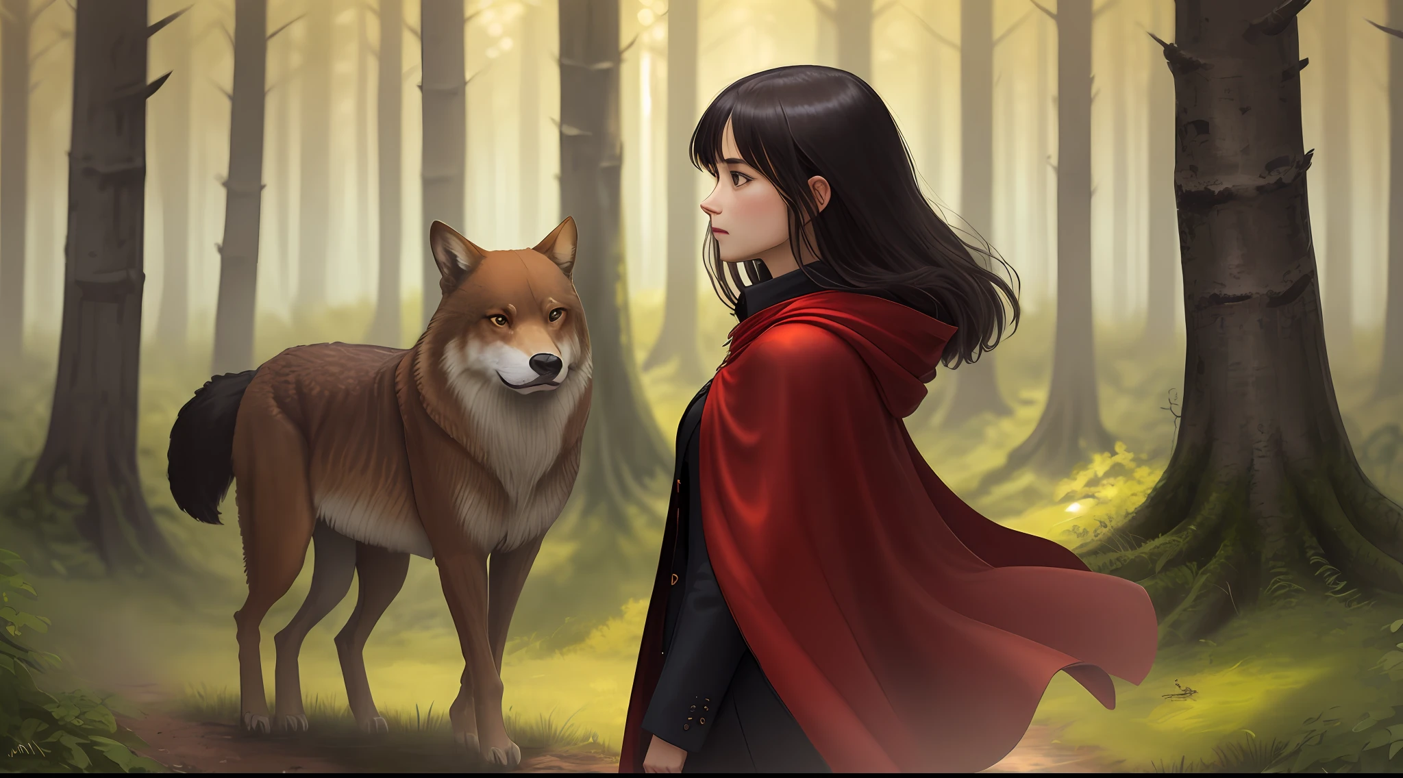 A dark-haired girl in a red cape，A brown wolf，at a forest