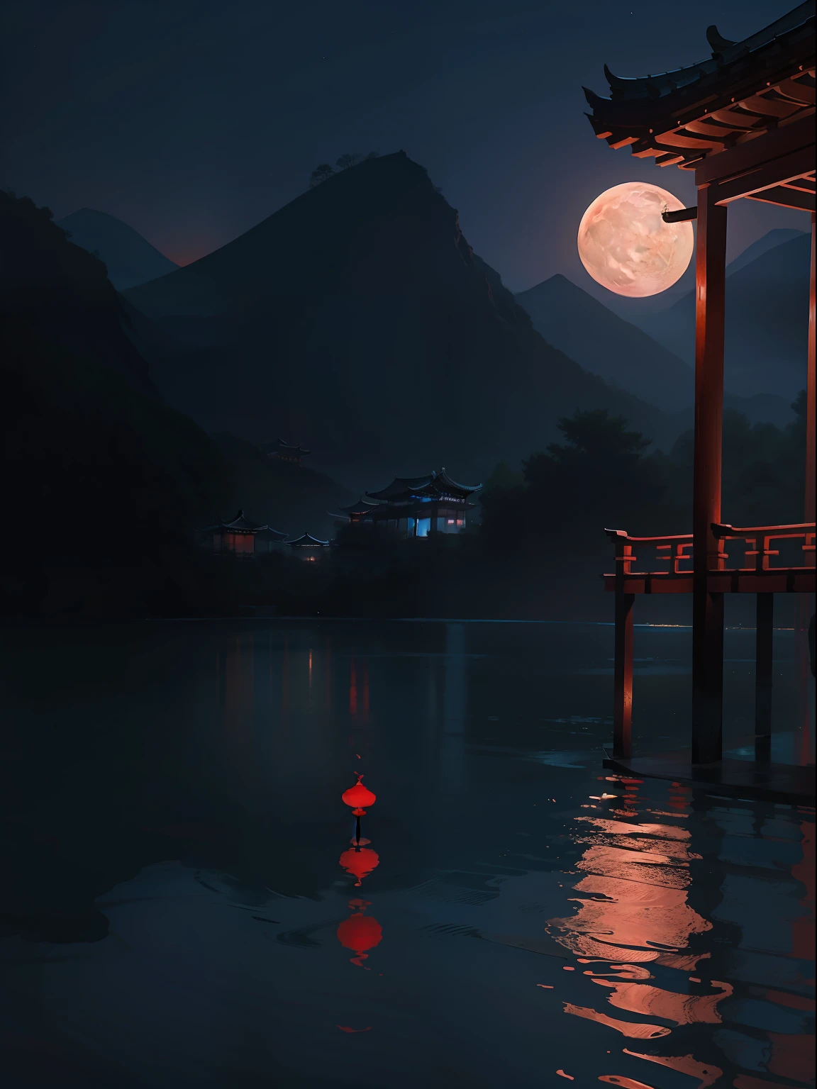 a night scene with the Chinese porch, a Chinese lady walk through, wearing Hanfu, Minimalist illustrations, classical, Chinese Zen, minimalism, Tang dynasty, landscape painting, red and classical blue gradient, water reflection, moon, zen-like tranquility