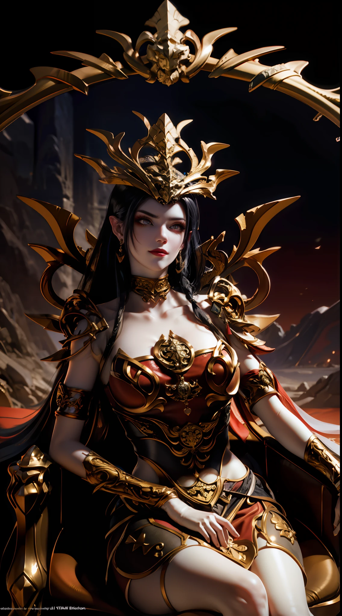 Excellent, masterpiece, extremely beautiful (goddess: 1.2) black hair, golden eyes, red clothes, looking up, sharp eyes, seductive smile, and seductive sitting position on the throne, long black hair, fair skin, side braids, red theme, xianxia fantasy, 8k high quality detailed art, goddess. extremely high detail, sharp, cinematic lighting, alchemy upscale image, profesional shot, vibrant, highly detailed, artstation, concept art, sharp focus, cinematic lighting, artgerm, render, unreal engine 5, front view, masterpiece, best quality, high quality, extremely detailed CG unit 16k wallpaper, donghua