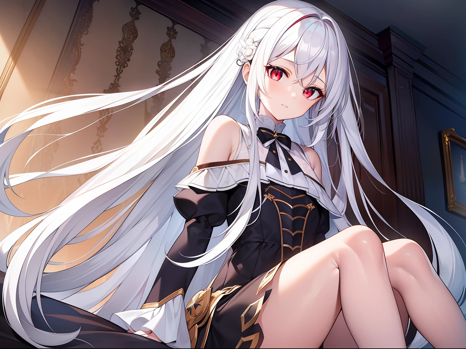 ((Masterpiece, Best quality))++, Detailed light+,  Detail hair+, detail hand+ ,1girll, woman, Long hair,   dark red eye,  Beautiful eyes, Young gray hair,,(Beautiful white hair:1.5),(Beautiful detailed eyes), ,    high resolution+,   Masterpiece,  , Glass tones, Reflective eyes,  {{Angle}} , extremelydetailedwallpaper, Original,full bodyesbian,Bedrooms,upper legs, Beth,starrysky,Issuing