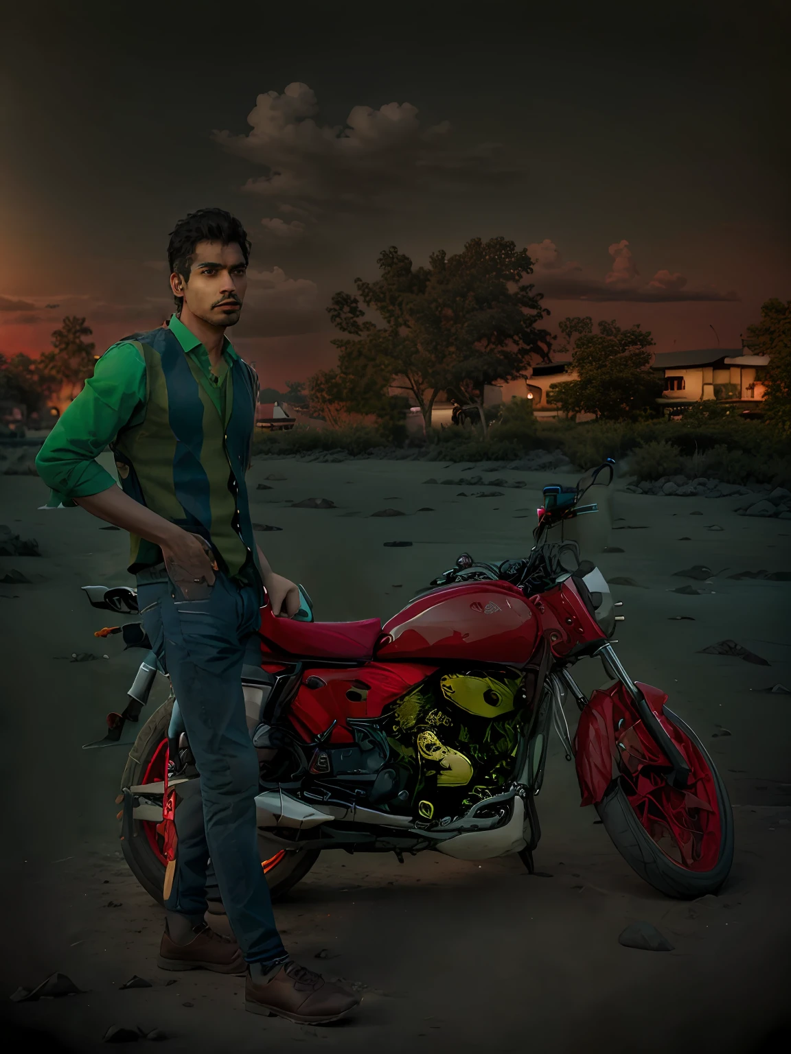 photo of an Indian man, wearing a red argyle vest, green collared shirt, and black jeans,  bokeh, outdoor background, masterpiece, high quality, photorealistic, fashion