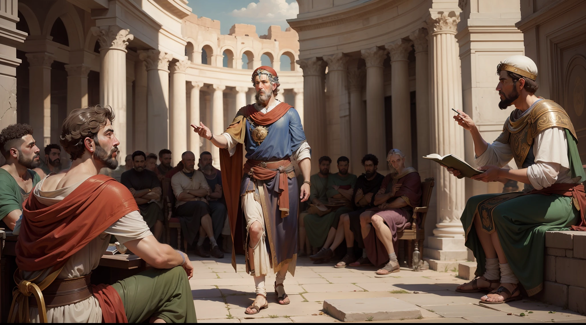 Marcus Aurelius teaching philosophical lessons to Roman citizens in the Forum, oil painting