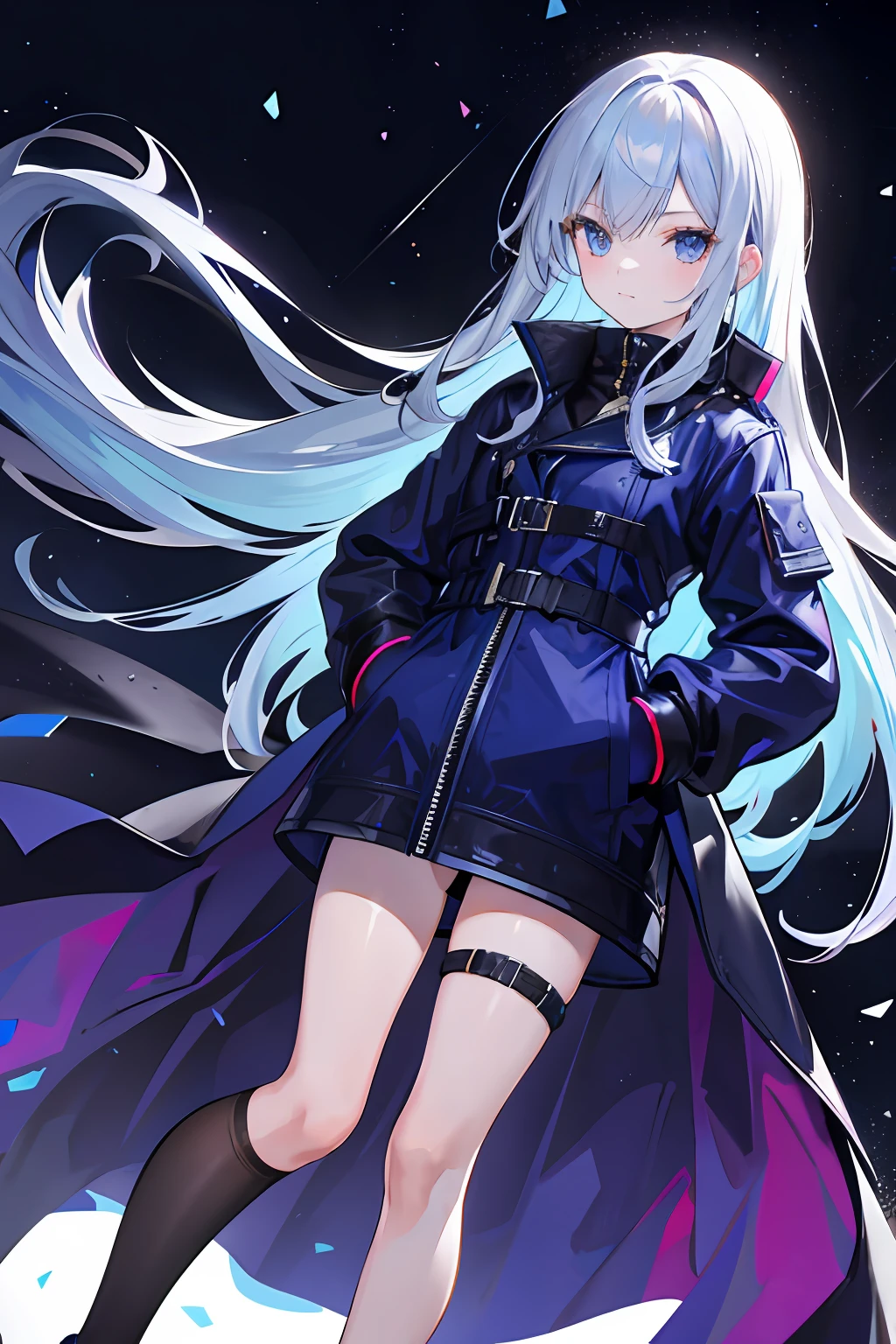 1girl,nightcity,Sateen,coat large,Put your hands in your pockets,blue long hair