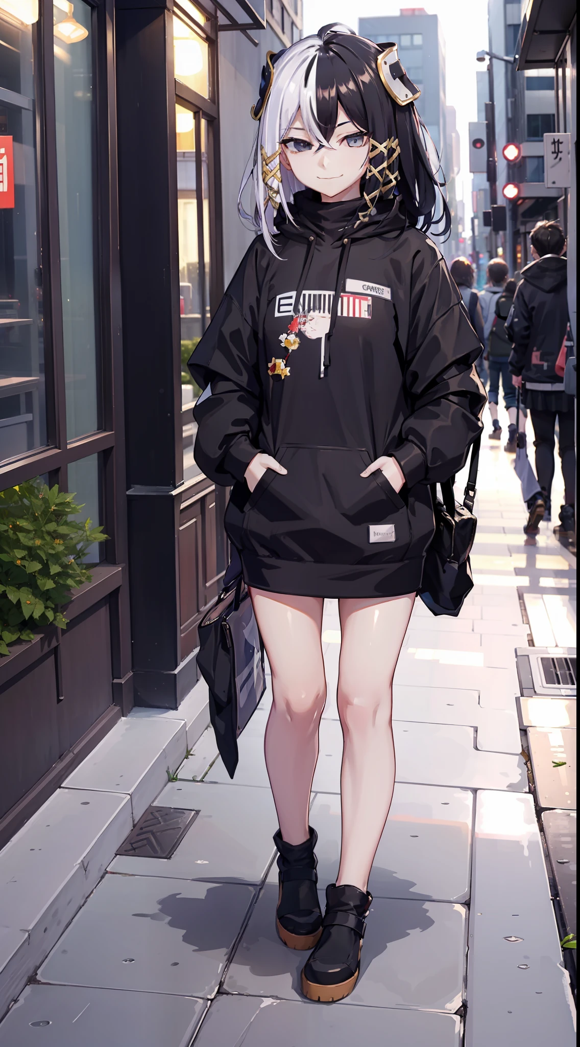 casual oufit, city, tokyo, domineering smile, arrogant expression, cocky, best quality, masterpiece, outdoors, outside, hoodie, sunny