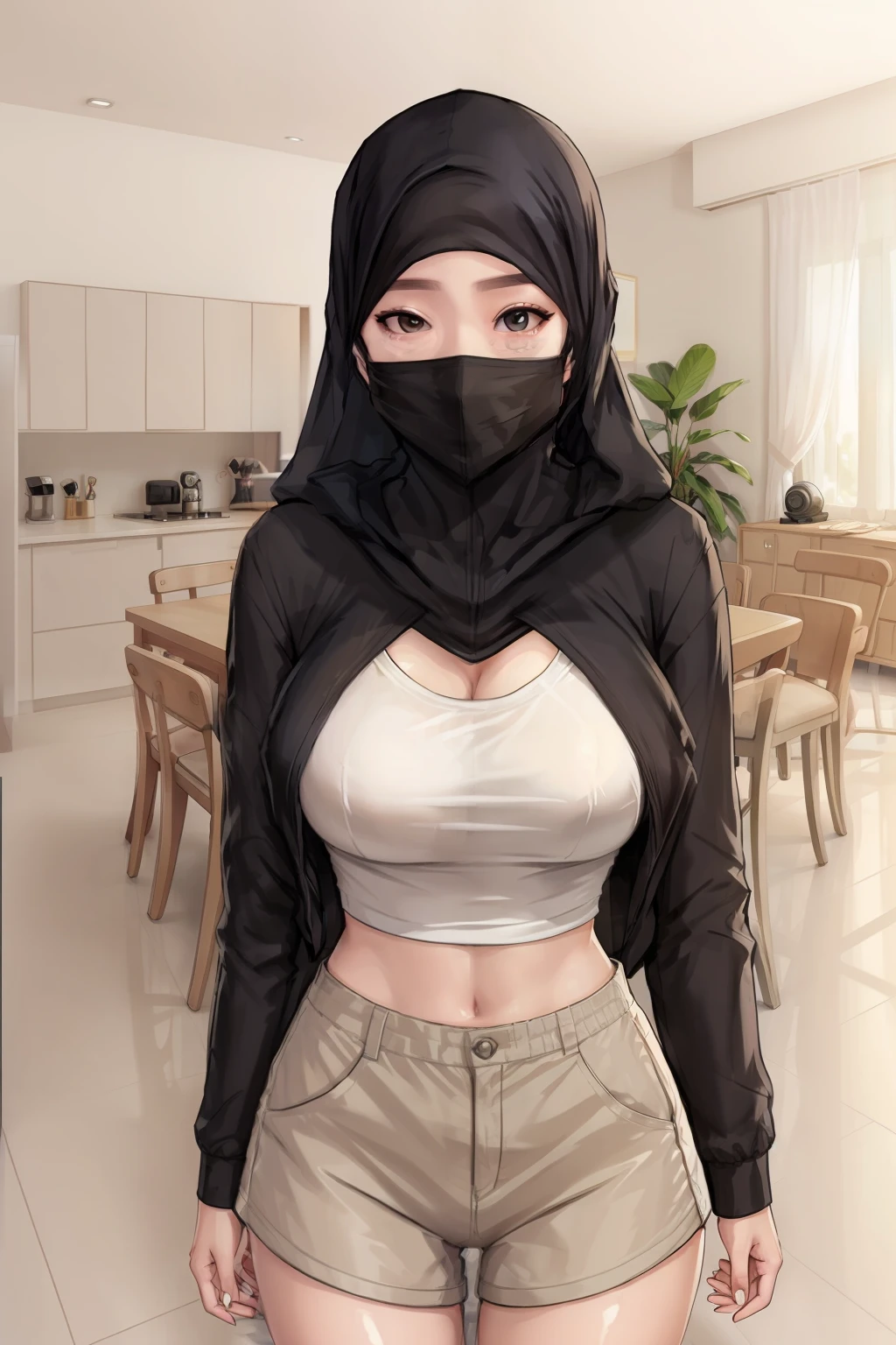 girl, sexy,hijab,home,wife clothes,mask, and shorts outfit,wife,happy,in big livingroom,wife playing cellphone,