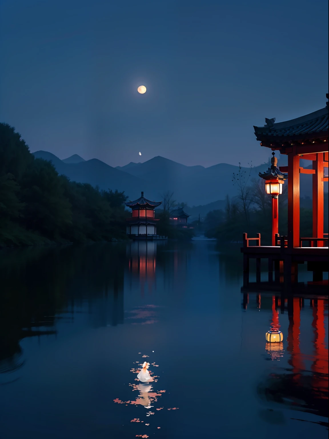 a night scene with the Chinese porch, a Chinese lady walk through, wearing Hanfu, Minimalist illustrations, classical, Chinese Zen, minimalism, Tang dynasty, landscape painting, red and classical blue gradient, water reflection, moon, zen-like tranquility