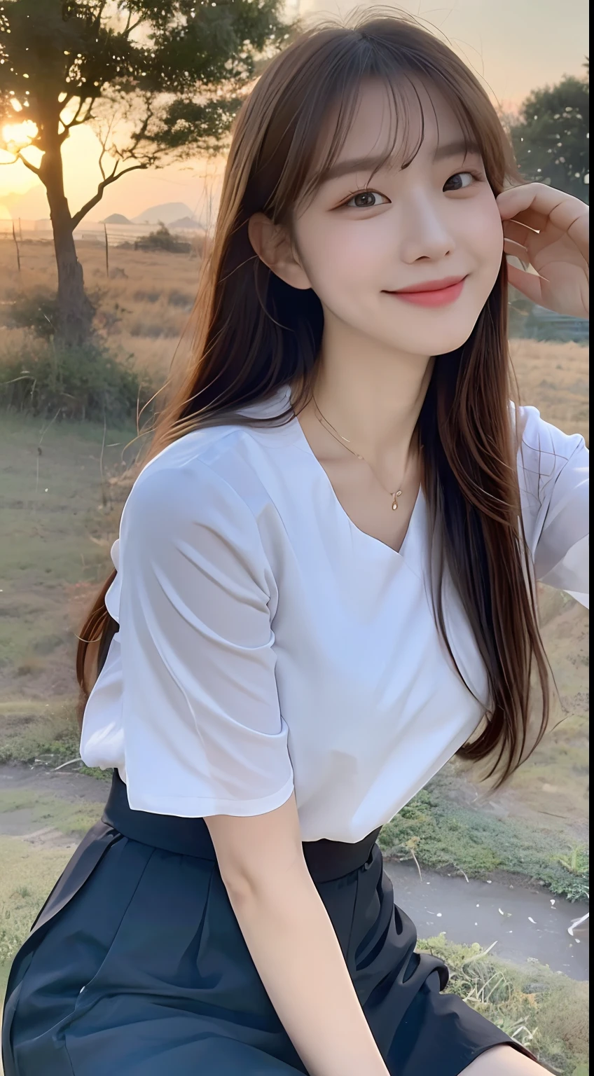 (1 Korean star with royal sister style), ((Best quality, 8K, 巨作: 1.3)), focal point: 1.2, Perfect body proportions: 1.4, (Make a smile), (Sunset: 1.3), Watery eyes, Highly Detailed Face and Skin Textur, Fine eyes, Double eyelids, Whitens the skin, (long whitr hair, Air bangs: 1.3), (Round face inches: 1.5), JK skirt 1.4), (Sketch 1:2,)rural landscape。 Take photos while sitting in a medium-to-long distance pose。