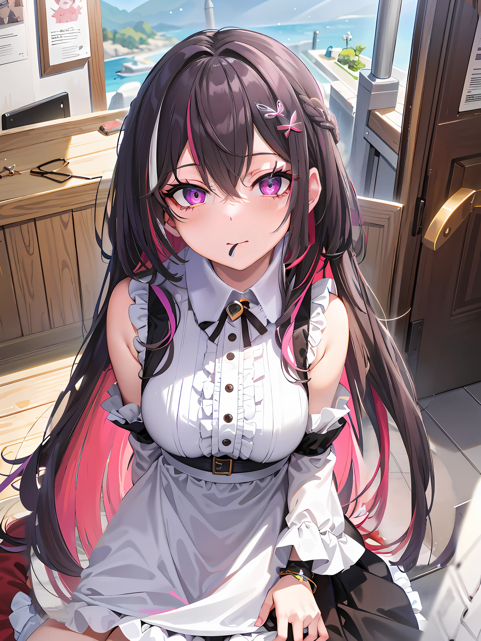Large breasts, multicolored hair, Pink hair, Purple eyes, Black hair,Be red in the face,is shy,Cookies in his mouth,heart shape eye,Eye squint,sweat leggs,tmasterpiece:1.3), (absurderes:1.3), (best qualtiy:1.3), (ultra - detailed:1.3),(best shadow:0.7), (Handle Hair), (Sharp eyeliner, eye shadows, Detailed eyes:1.1),closeup cleavage,Rest bedroom