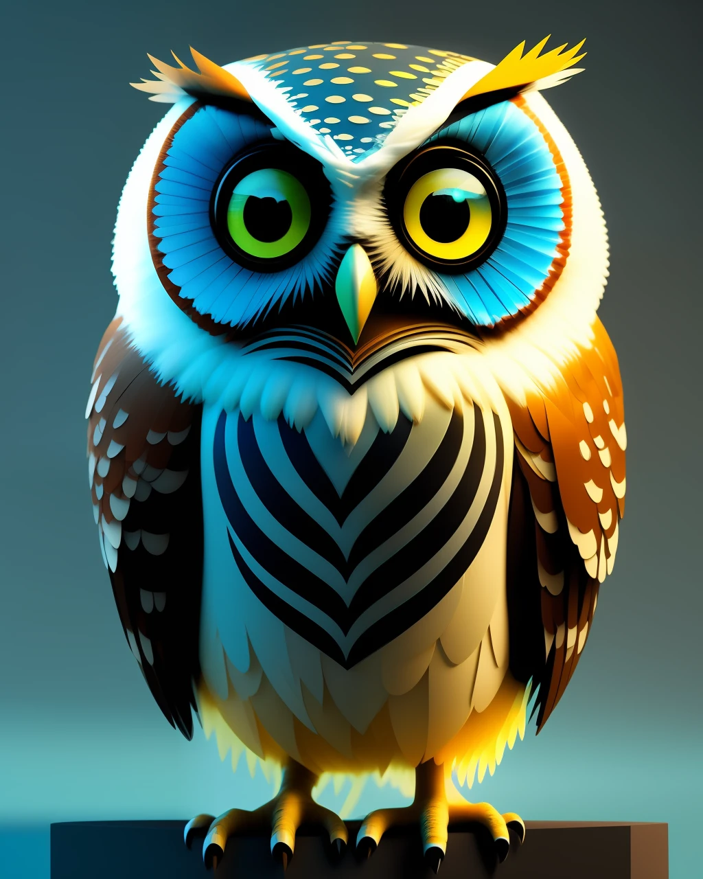 Owl 3d rendered Pixar style model by Hiroaki Takahashi Art Ultra Perfect Composition 3d liquid detail fluid acrylic by Greg Toccini, James Gilead, Joe Fenton Kate, Butcher Bosch, dan munford, Kandinsky Art Style [Collage] [spatter] [streaked] [crop] [cut]