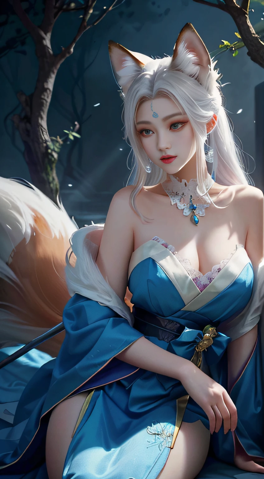 To, masterpiece, beautiful details, colorful, delicate details, delicate lips, complex details, real, ultra-realistic, a girl with white hair fox sitting on a branch: 1.1, big tits, sexy, seductive, ethereal fox, nine-tailed fox, fox three-tailed fox, Onmyoji detailed art, nine tails, beautiful artwork illustration, mythical creatures, foxes, beautiful digital artwork, exquisite digital illustration, mizutsune, inspired by mythical creatures wildnet, pixiv On digital art, bright light, high contrast, horror movie theme, dark atmosphere