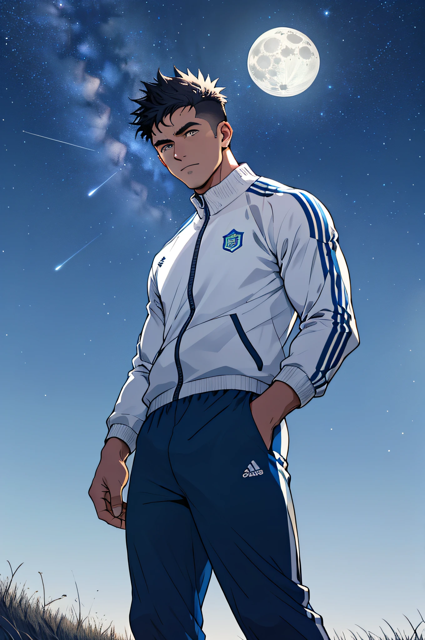 Draw a full-fledged footballer,Standing on the steppe at night,He was wearing a tracksuit,The man looks confident and determined,looking-down,Crew cut,full bodyesbian,Stars dot the sky,shooting from below,Big moon highlights background