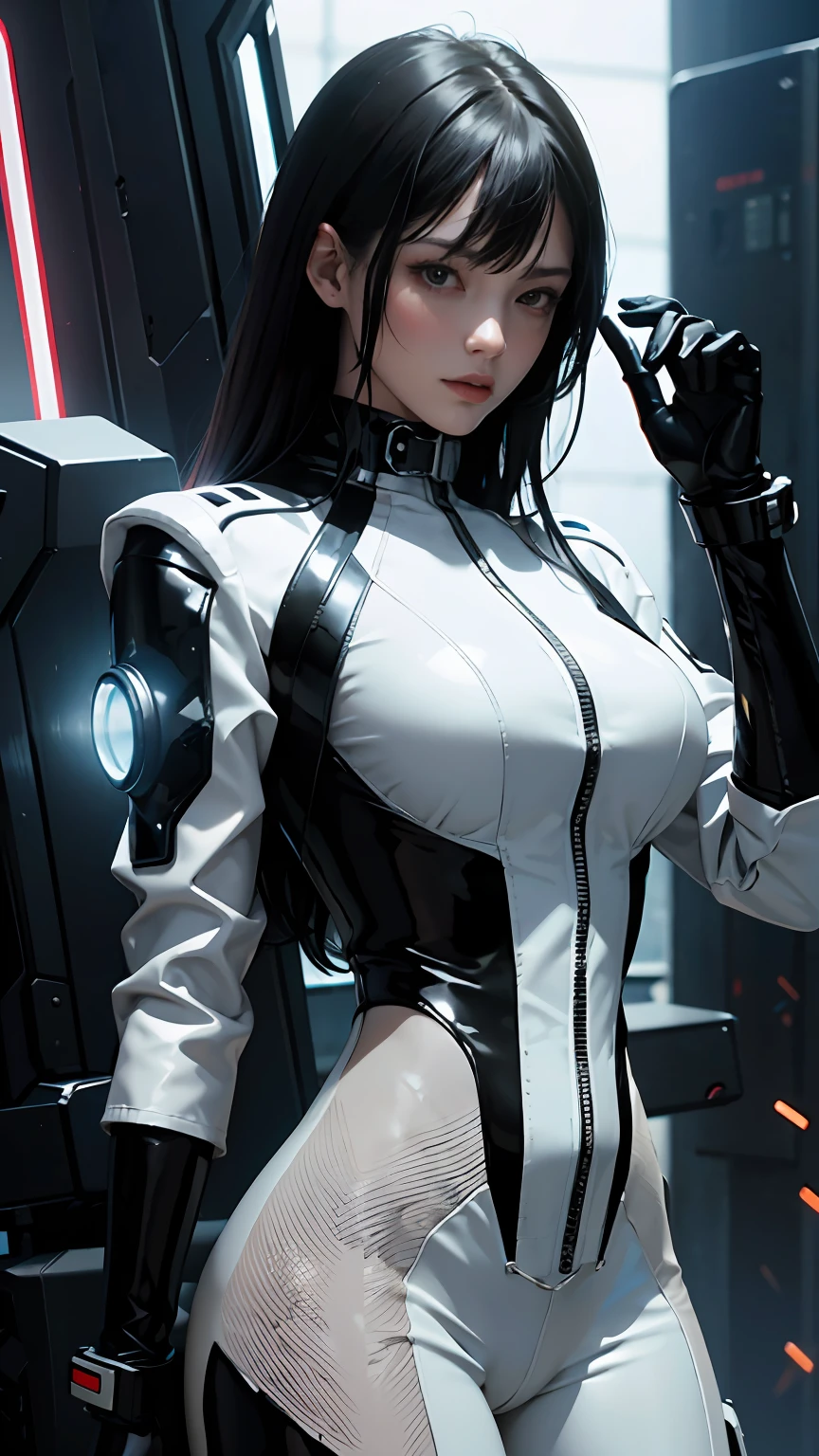 solo, super fine photo,shitu-mecha, portrait Unreal Engine 5 8K UHD of a girl in a skin tight futuristic black latex battle suit with white jacket, slick black catsuit, black iconic character, smooth black skin, black body, PVC, glossy latex suit, rubber suit, rubber belts, collar, futuristic full face helmet, futuristic rubber glove, futuristic high boots, arm and leg cuffs, straps, cyberpunk world, have a gun, best quality, masterpiece, official art, unified 8k wallpaper, super detailed, sharp focus, dynamic pose, body parts, no extra limbs, precisely anatomy