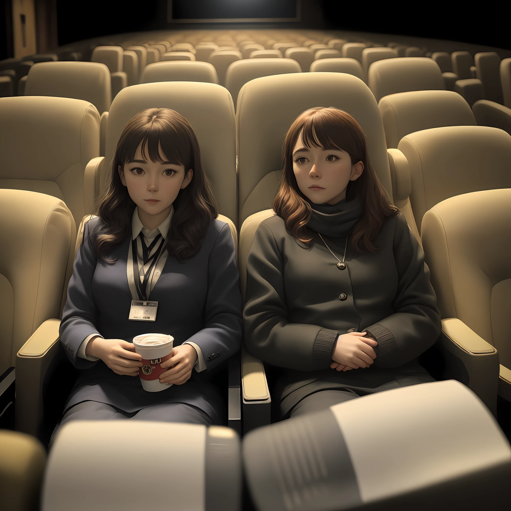 Make a picture of the two detectives inside the cinema hall and also the atmosphere of the cinema hall is dark and dark
