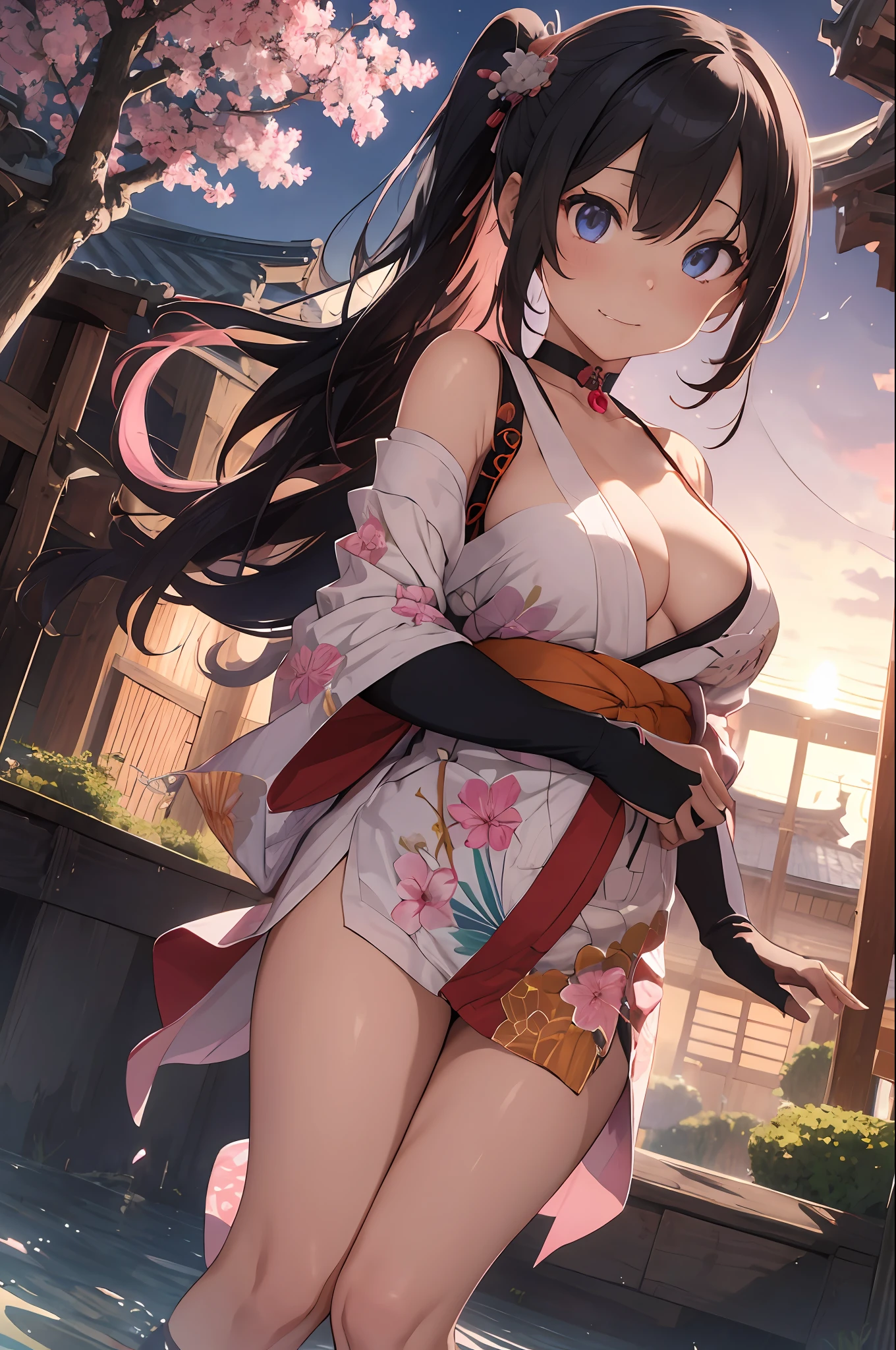 ​masterpiece、best、Hi-Res、1 female、(A pink-haired:1.2)、Very long hair、Asymmetrical hair、Floating hair、blindfolds、High Ponytail、side locks、hair adornments、Fish hair ornament、tassels、Kanzashi、bangss、Blue eyes、Beginning、ssmile, tusk, Only the upper teeth, a choker, a red choker, Pendant Choker, Butterfly Choker, 鎖骨, The tattoo, Chest Tattoo, Flower tattoo, cleavage of the breast, middlebreasts, thighs thighs thighs thighs, bandaged, Bandaged Legs, sarashi, Budget Sarashi, Breast sarashi, Black sash、 Hadanugi Dosa 、 Broomstick 、 Komono 、 Kimono 、 Drawstring 、 Obi 、 Obiage 、 Obi tightening 、 Orange kimono 、 Drawstring 、 Patterned kimono 、 noose 、 Obi 、 Shimenawa 、 Short kimono 、 Piece bare shoulders 、 phantom（Genshin） 、 East Asian Architecture 、cherry trees, full body Esbian, sparkler fireworks, natta, sparklers, sparklers, open one's legs, an legs, single glove, Single fingerless gloves, wristbands, Black socks,