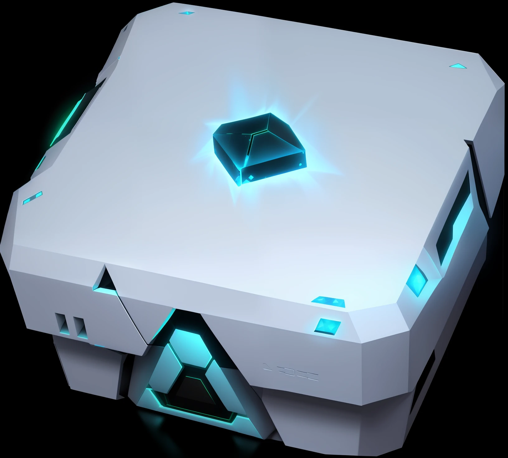 White box close-up,There is a green diamond on it, loot box, cryo engine, the tesseract, modular item, game icon asset, arte renderizada, borg cube, Hypercube, octagon render 8k, no gradien, server, game assets, iridescent cybernetic processor, artistation render, scifi platform, automated defence platform, cube