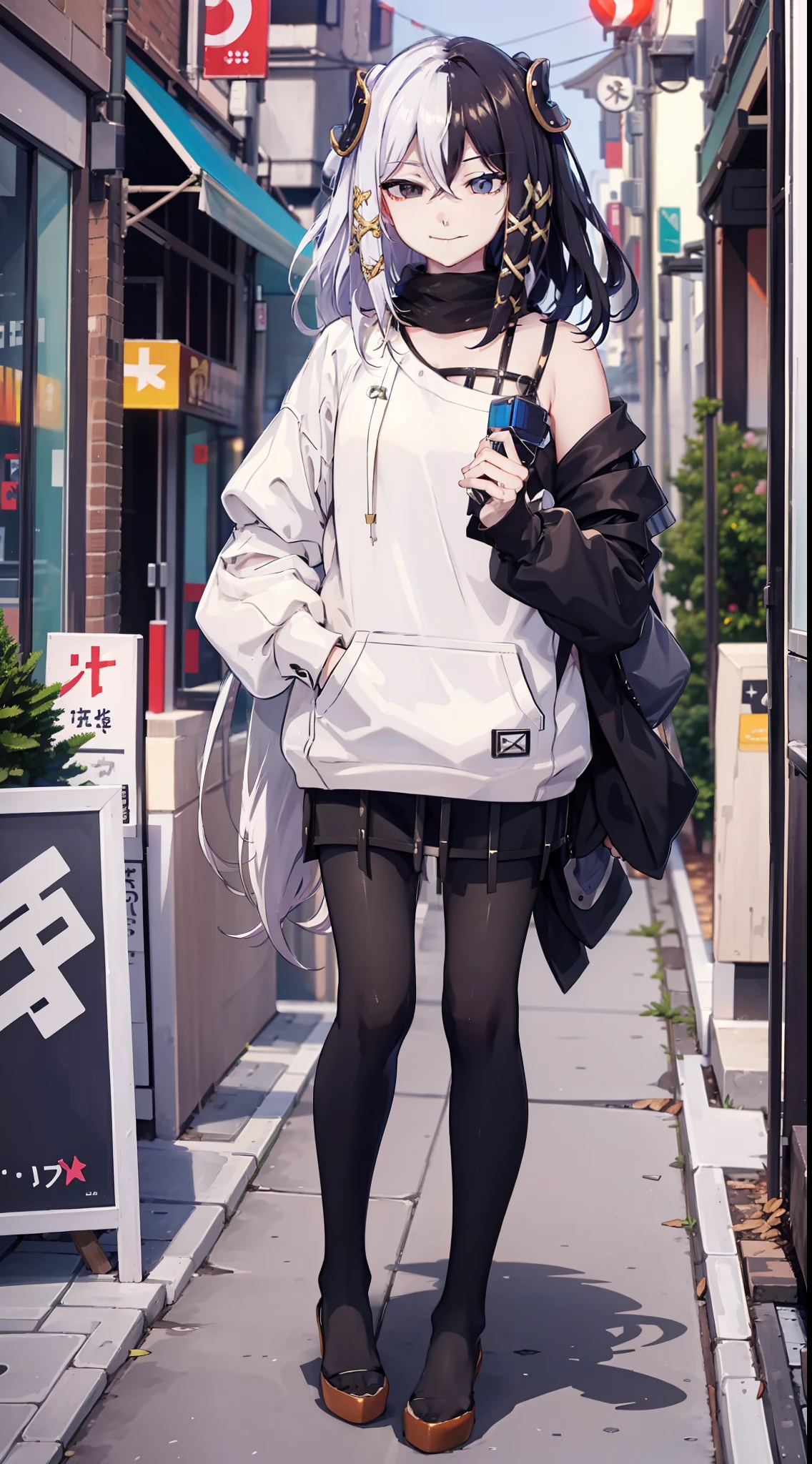 casual oufit, city, tokyo, domineering smile, arrogant expression, cocky, best quality, masterpiece, outdoors, outside, hoodie, sunny, long hair