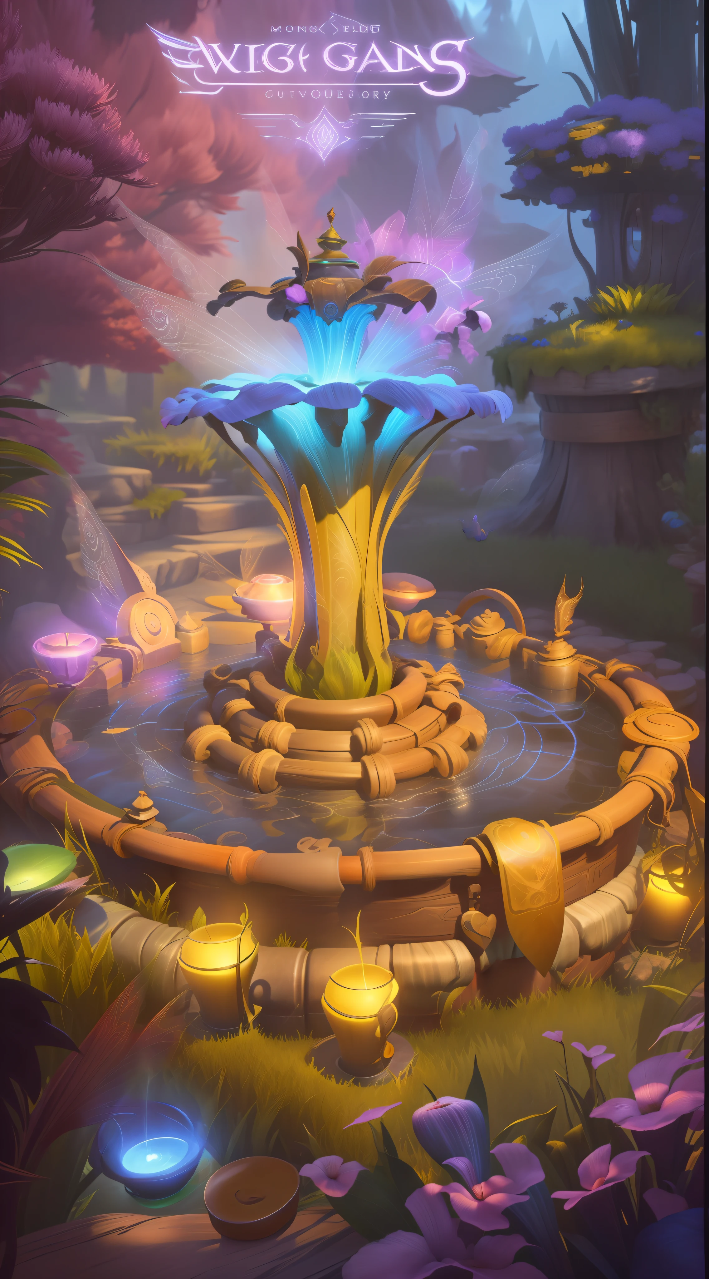 game poster,Pedras preciosas,Poster with close-up of fountain and many different objects, concept art magical highlight, Magic world. Colorful, colorful concept art, magical village, Mobile game art, background artwork, A beautiful artwork illustration, Magical area, Game illustration, whimsical fantasy landscape art, graphic of enchanted terrarium, fantasy world concept, intricate rainbow environment, Stylized game art