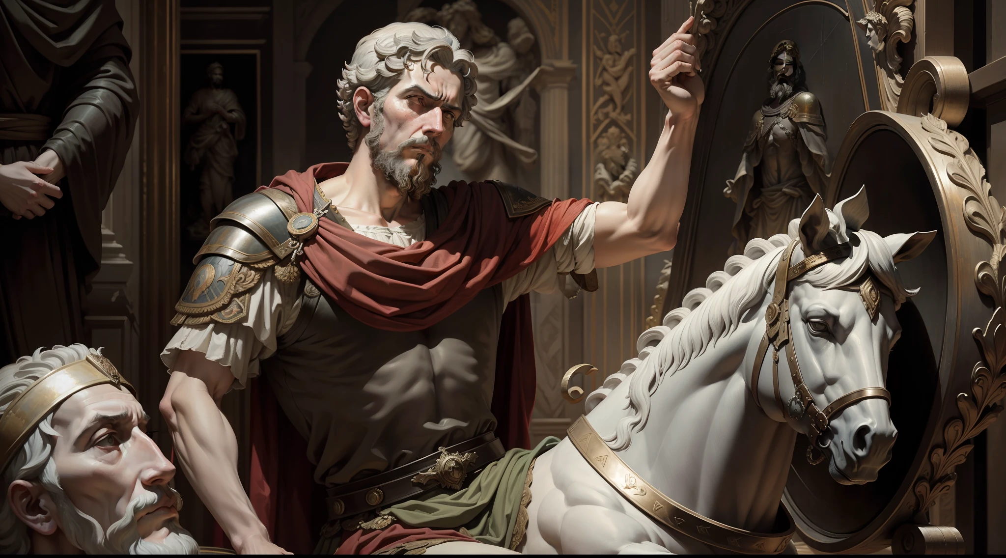 Dramatic renaissance painting of Marcus Aurelius bravely facing death with stoic acceptance