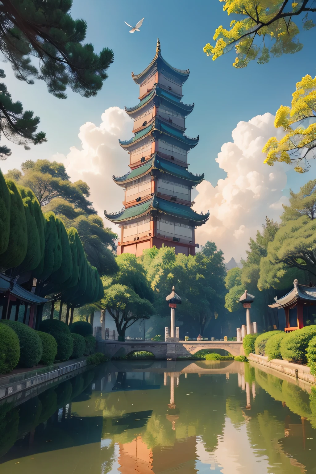 Suzhou Garden、sky-high tower、30 carrier pigeons、Clouds、maple trees、Taihu stone、Towering cypresses