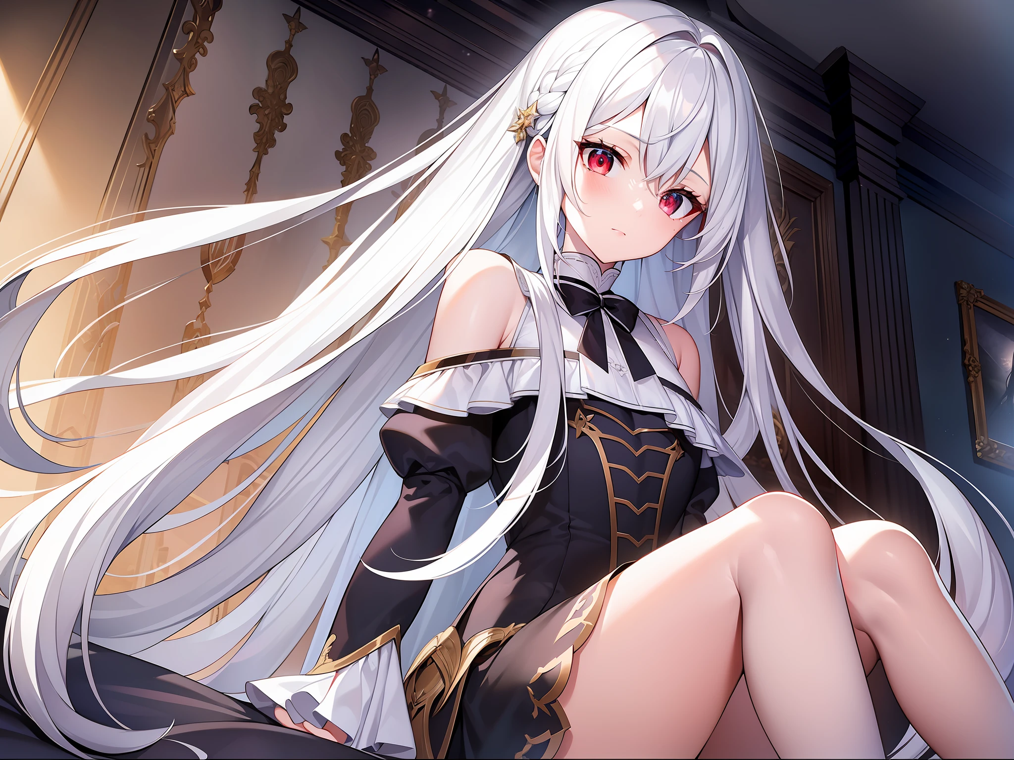 ((Masterpiece, Best quality))++, Detailed light+, Detail hair+, detail hand+ ,1girll, woman, Long hair, dark red eye, Beautiful eyes, Young gray hair,,(Beautiful white hair:1.5),(Beautiful detailed eyes), , high resolution+, Masterpiece, , Glass tones, Reflective eyes, {{Angle}} , extremelydetailedwallpaper, Original,full bodyesbian,Bedrooms,upper legs, Beth,starrysky,Issuing