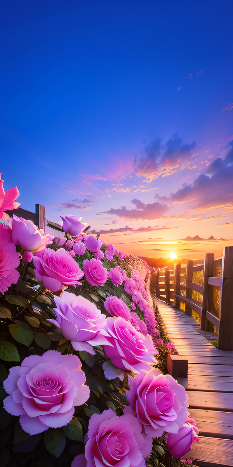 There is a wooden bridge，It has pink roses on it, beatiful background, Beautiful wallpaper, floral sunset, Beautiful nature, Beautiful flowers, warm beautiful scene, beautiful morning, very beautiful photograph of, Beautiful background, amazing background, gorgeous romantic sunset, blossoming path to heaven, Beautiful scenery, Magnificent background, beautiful fine sky, Really beautiful nature, beautiful high resolution