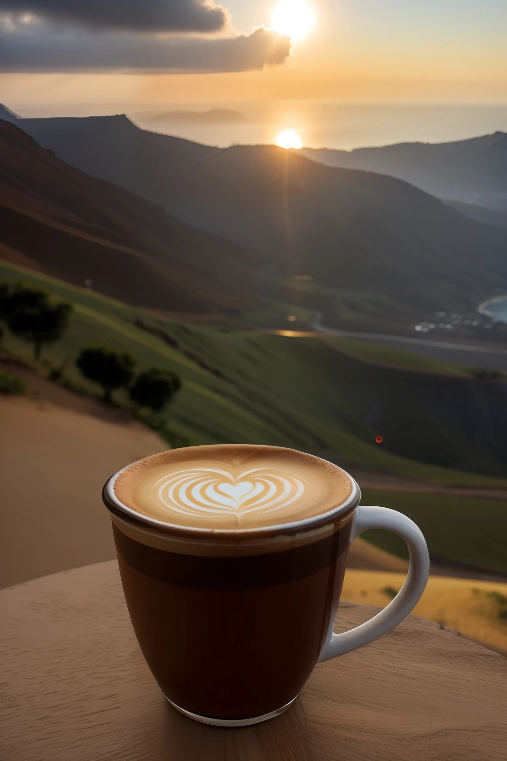 Uma xicara de cafe bem quente, em cima de uma mesa de madeira. Ambiente acolhedor e raios de nascer do sol entrando pela janela. Imagem extremamente detalhada e realista. Uhd, 8k, 50mm lense