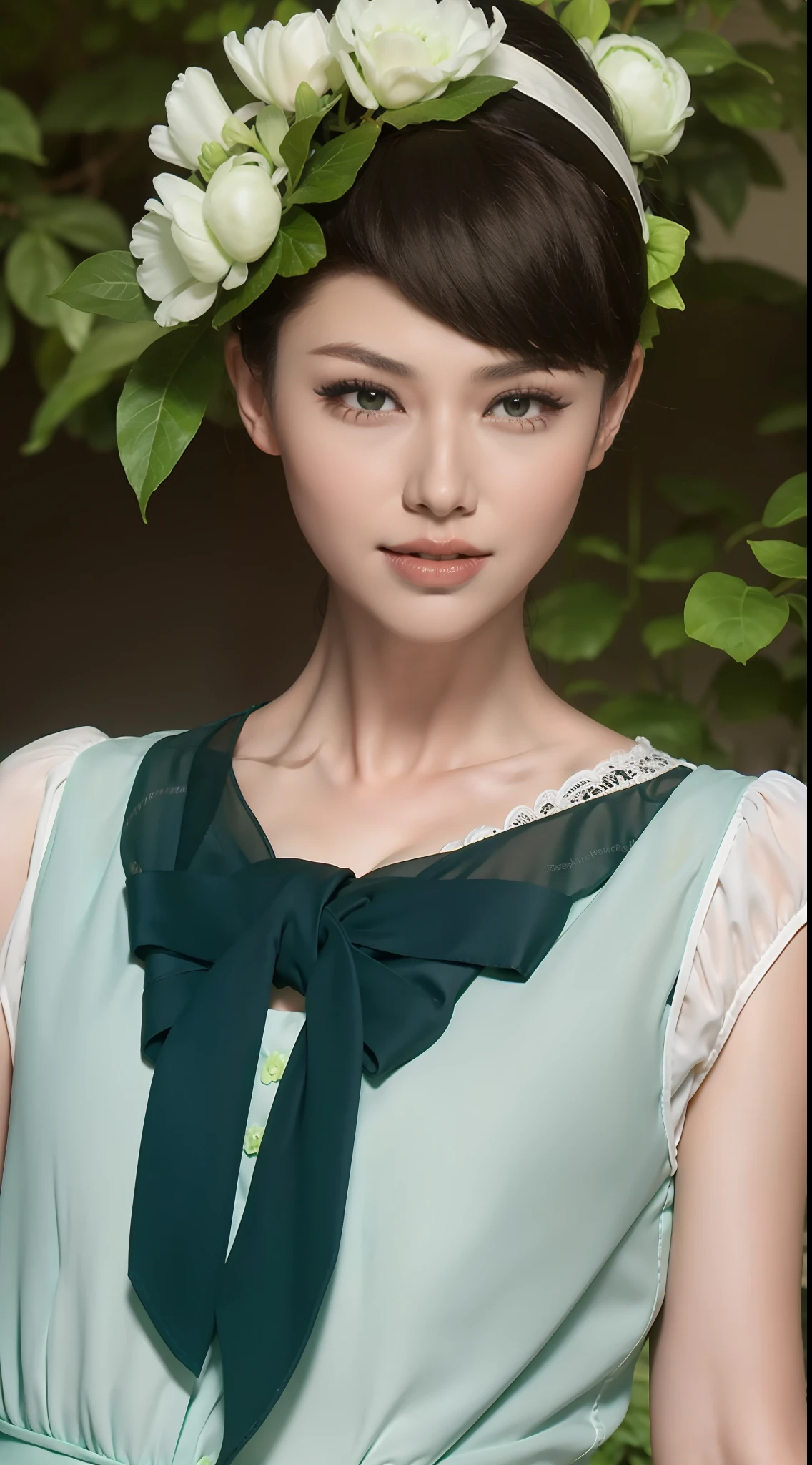 Fashion model 20 years old [[[[closeup cleavage]]]], [[[[boobgasm]]]], [[[[coll]]]], [[[[bshoulders]]]], perfect  eyes, Perfect iris，Perfect lips，perfect teeth，Perfect skin，Long face，slender nose，with fair skin，Soft front light，hdr，Movie girl，white  clothes，Casual，The background is outdoor，green trees，fresh flowers，Tano，grassy fields，（pastel colour：1.2）
