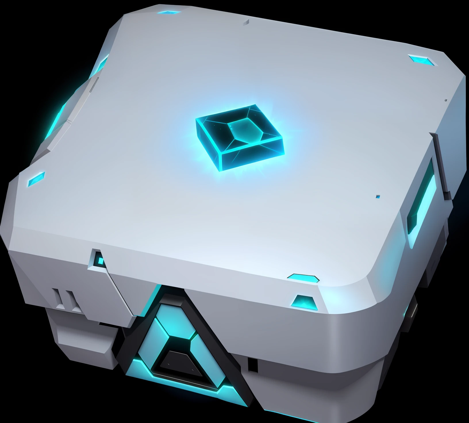 White box close-up，There is a green diamond on it, loot box, cryo engine, the tesseract, modular item, game icon asset, arte renderizada, borg cube, Hypercube, octagon render 8k, no gradien, server, game assets, iridescent cybernetic processor, artistation render, scifi platform, automated defence platform, cube