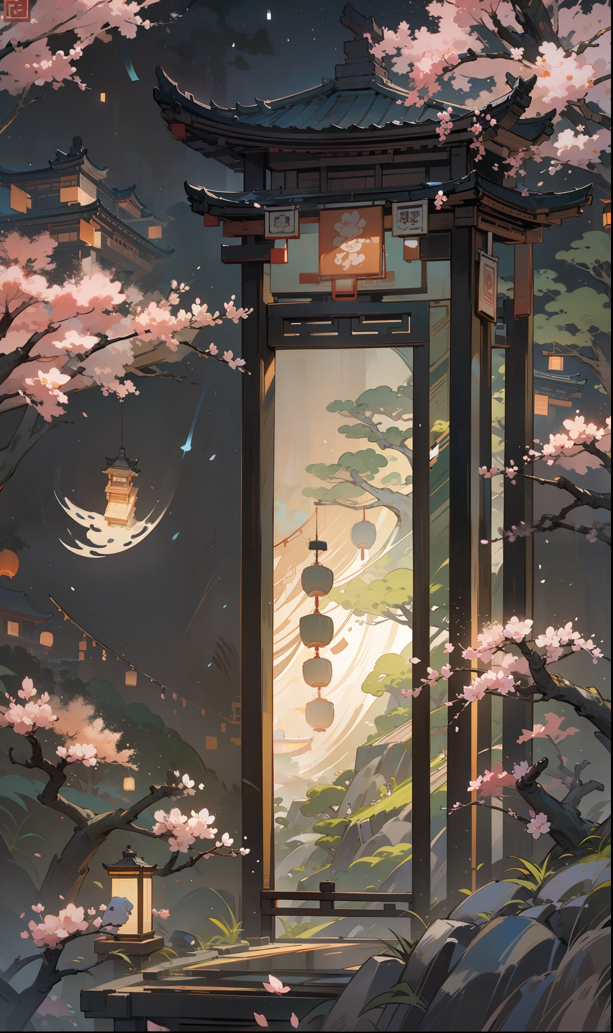 （Microlandscape：1.8，Faraway view，High viewing angle lens），Antique game scene design，A corner of the ancient town of Jiangnan，Black night sky，the night，starrysky，Lanterns，big trees，florals，Flowers in the bushes，Trees bloom，Sakura architecture，Antique carved door beams，Chinese ink painting OC rendering sculpture