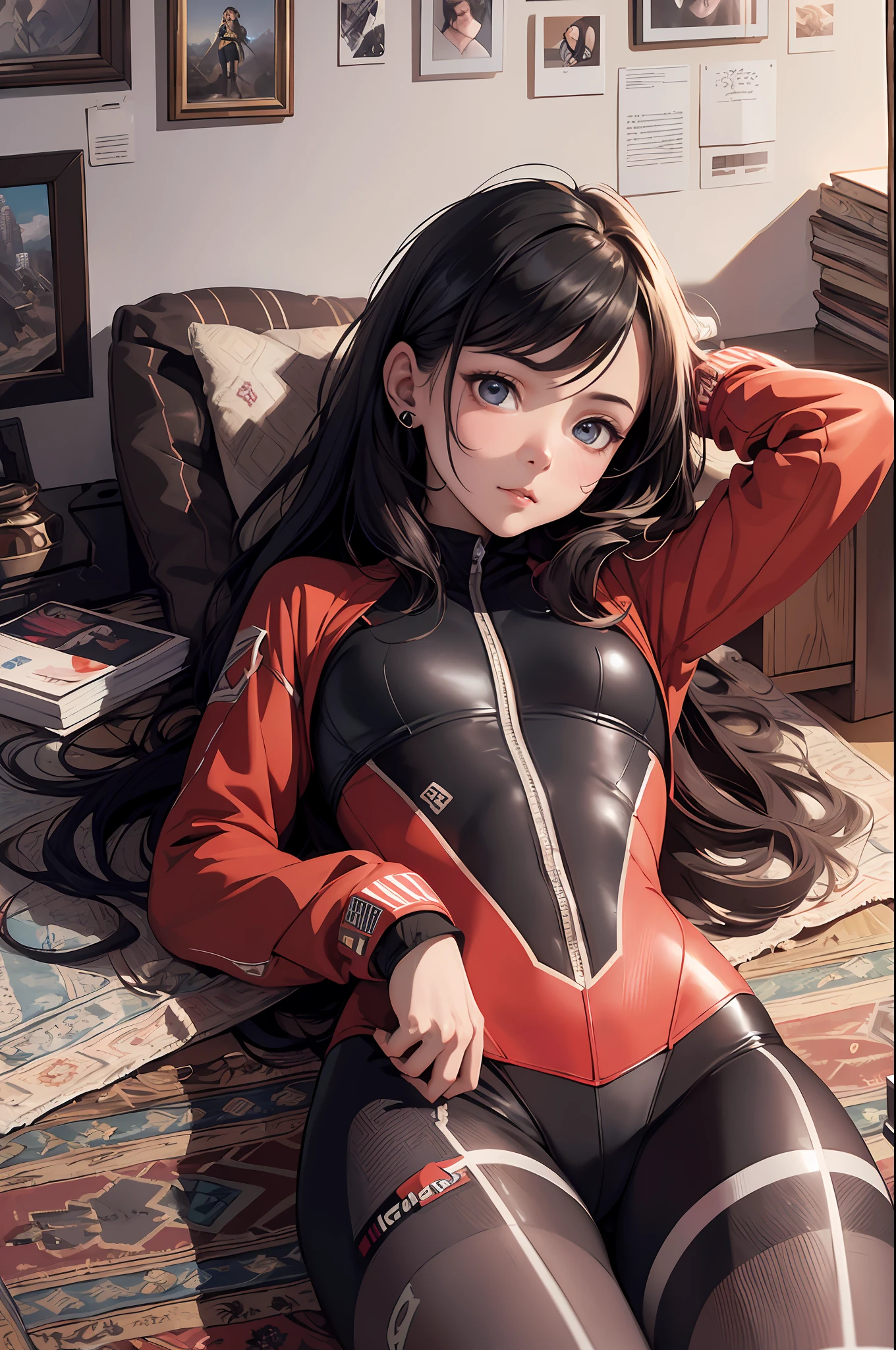 (ultra-realistic realism), (illustration), (A high resolution), (8K), (extremely detaile), (best illustration), (Beautiful detailed eyes), (best qualtiy), (ultra-detailliert), (tmasterpiece), (carpets), (Detal Face) a preteen girl, Very young, Small breast, Wear spandex, Laika, tightsuit
