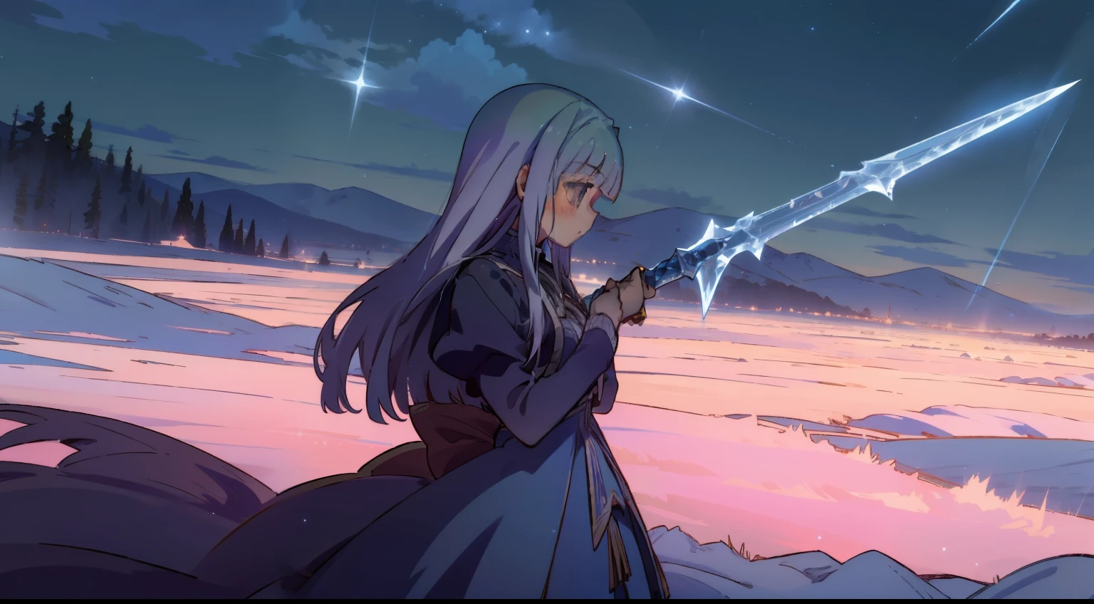 Mabel(Uncle Isekai)、1girl in, ​masterpiece、top-quality、{{Faraway view}}、{landscape}、{full bodyesbian}、looking distantly、Wearing an ice sword、Winter Nights、starrysky、Solitude