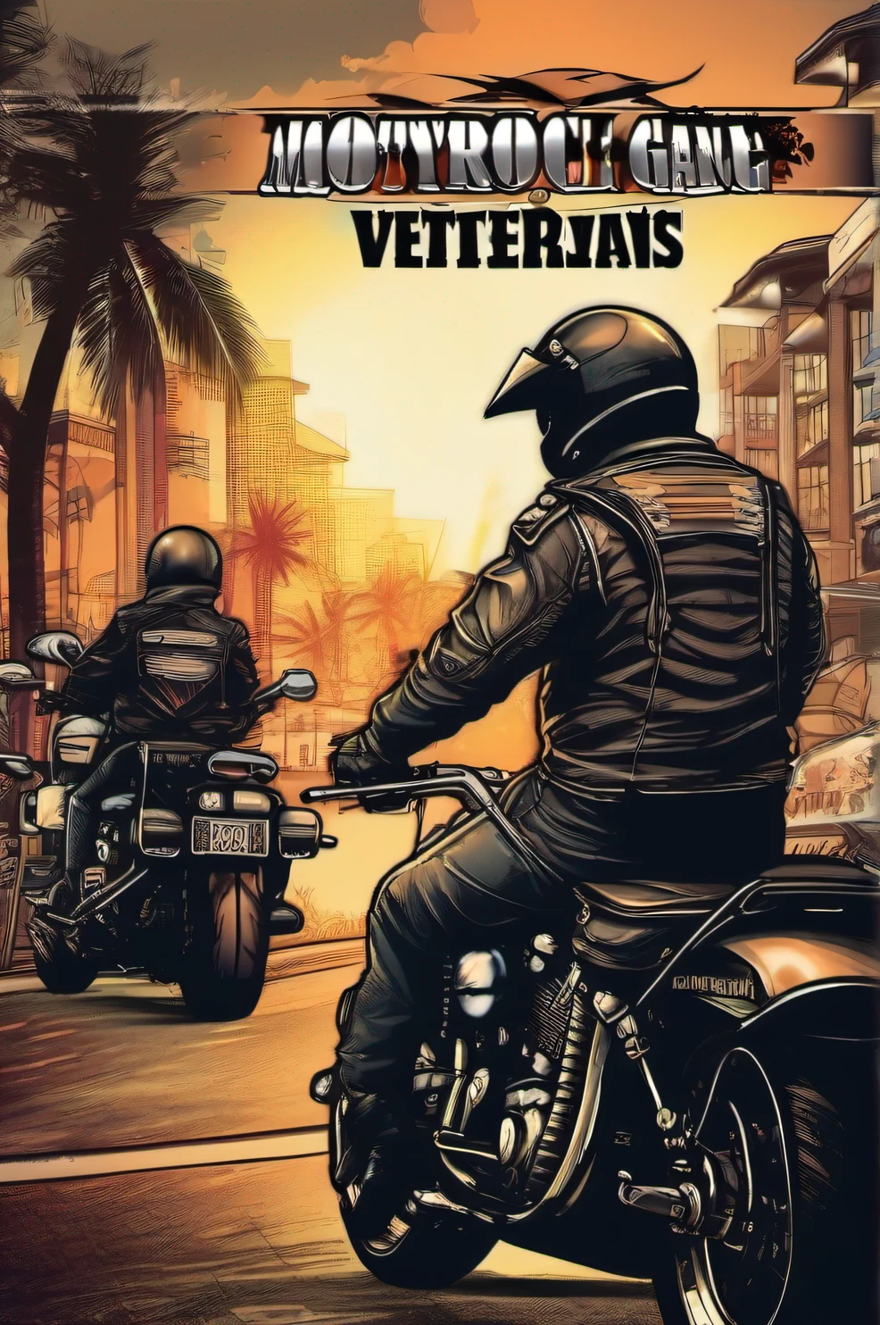 Motorcycle gang,Multiplayer motorcycles。Veteran riding,Highlight the motorcycle,Background bokeh,WordArt "For Veterans"